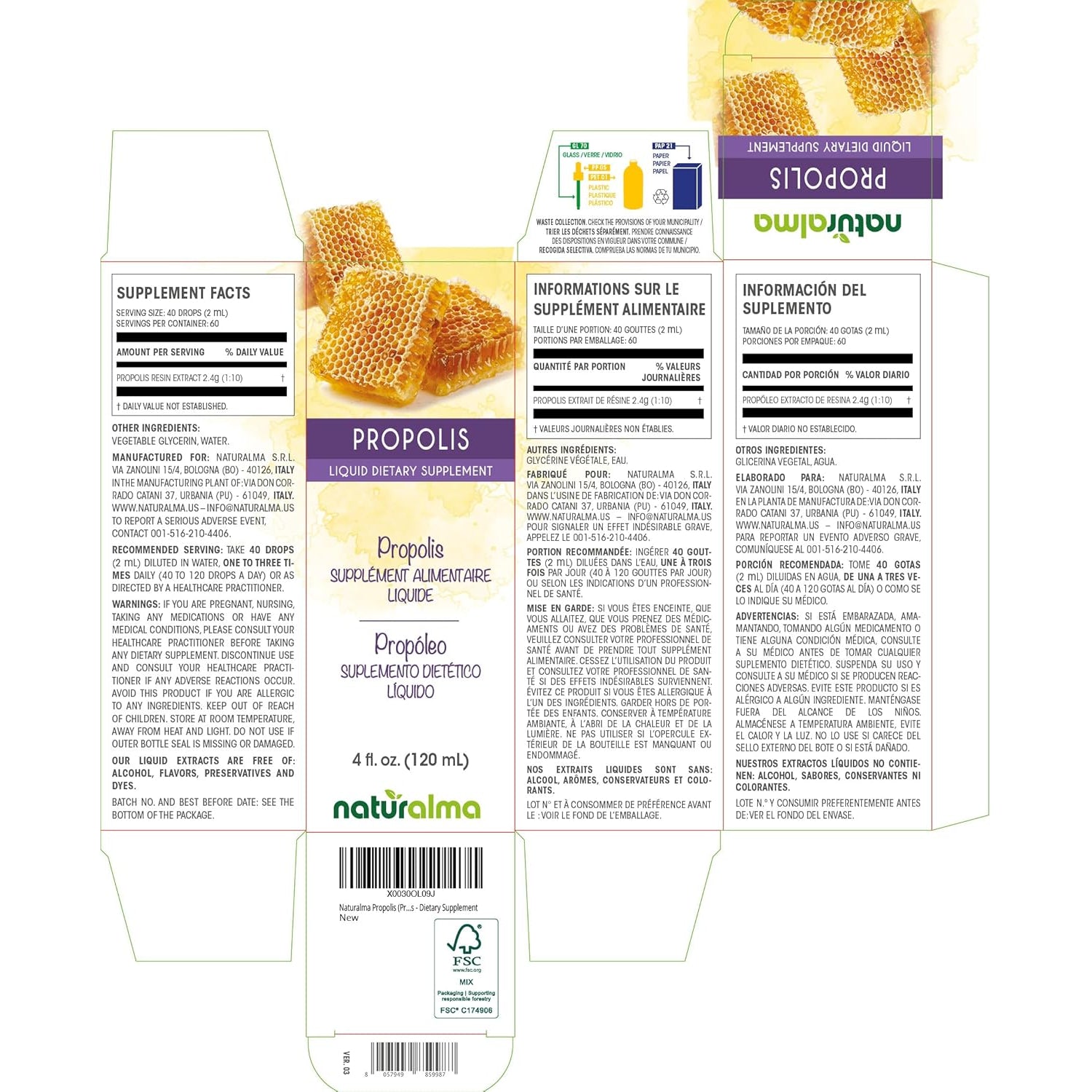 Naturalma Propolis (Propolis) Resin Alcohol-Free Tincture - 4 Fl Oz Liquid Extract in Drops - Dietary Supplement
