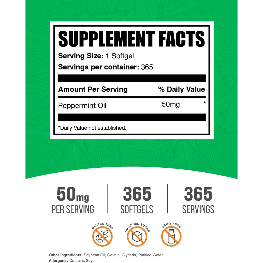 Bulksupplements.Com Peppermint Oil Softgels - Peppermint Supplement, Peppermint Oil Pills, Peppermint Oil Capsules 50Mg - Gluten Free, 1 Softgel per Serving, 365 Count (Pack of 1)