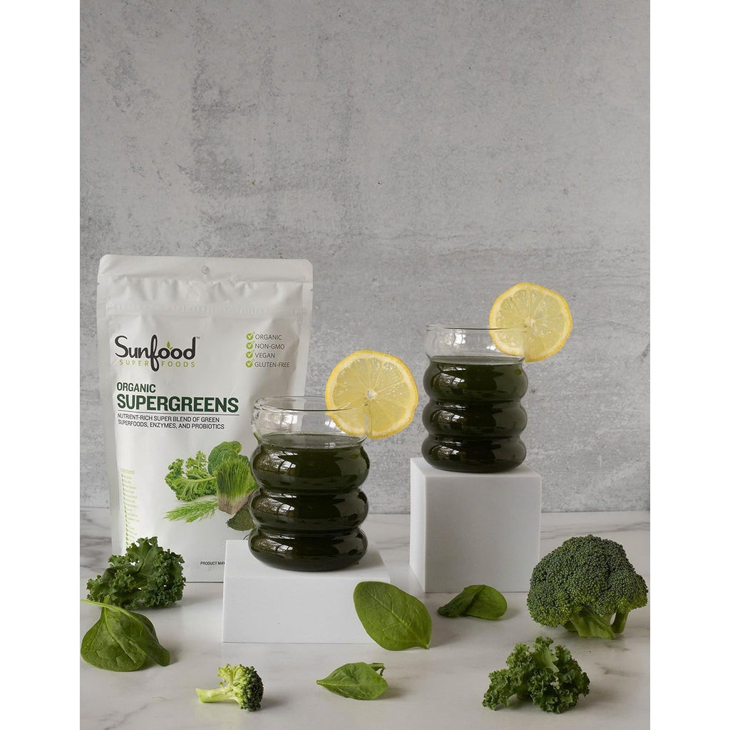 Sunfood Superfoods Organic Supergreens Blend - Greens Superfood Powder, Daily Green Juice Powder, Vegetable Smoothie Drink Mix with Chlorella, Spirulina, Alfalfa, Kale, & More - 8 Oz Bag
