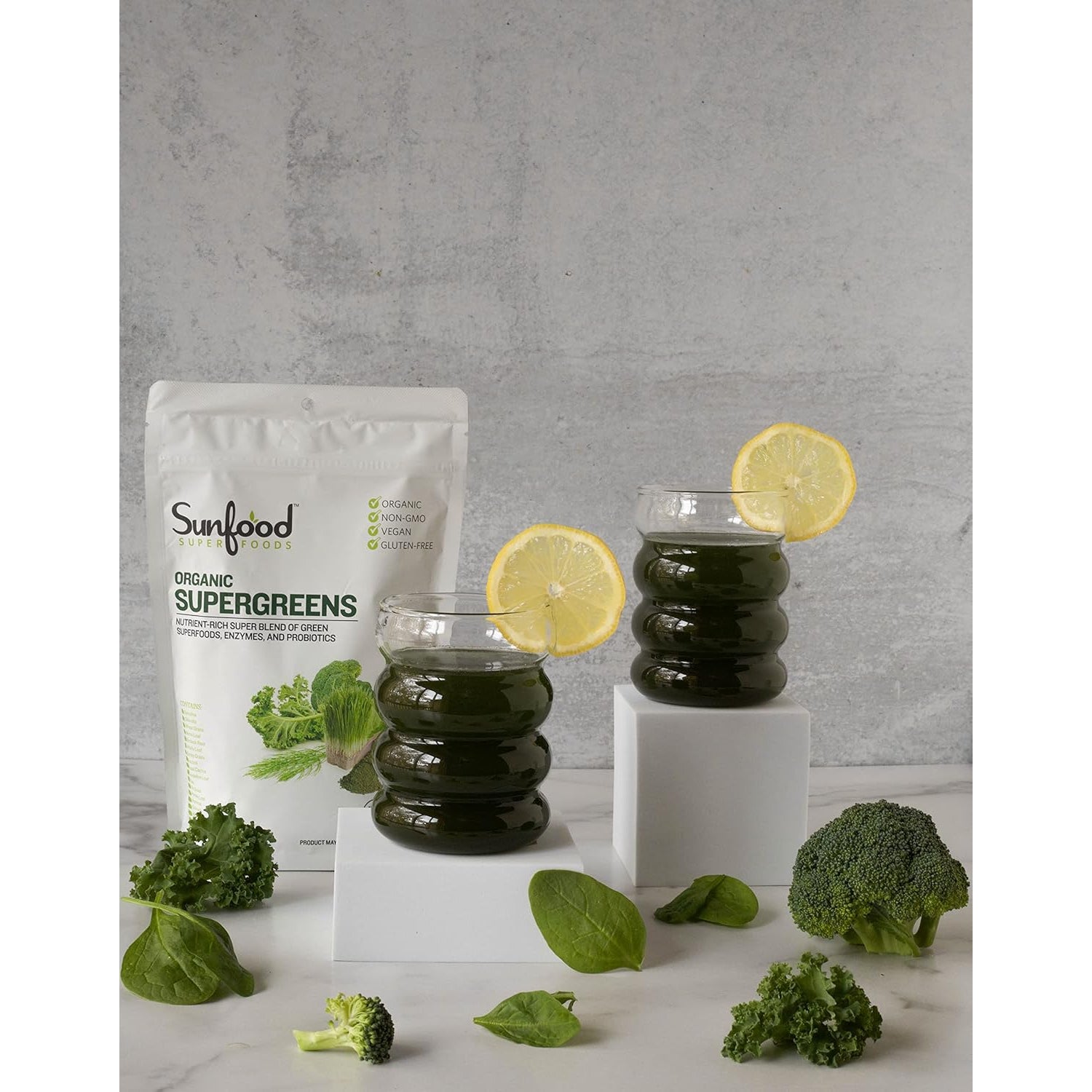 Sunfood Superfoods Organic Supergreens Blend - Greens Superfood Powder, Daily Green Juice Powder, Vegetable Smoothie Drink Mix with Chlorella, Spirulina, Alfalfa, Kale, & More - 8 Oz Bag