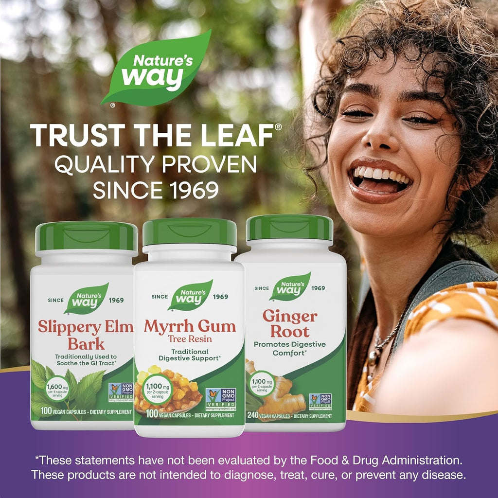 Nature'S Way Myrrh Gum Tree Resin, Traditional Digestive Support*, 1.1 G per 2-Capsule Serving, Non-Gmo Project Verified, No Gluten, 100 Vegan Capsules (Packaging May Vary)