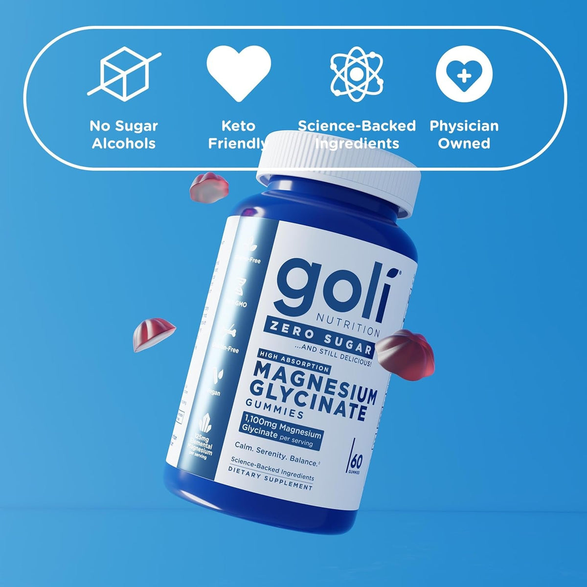 Goli Zero Sugar Magnesium Gummies - 125Mg Magnesium Citrate with Vitamin D - No Artificial Sweeteners, No Sugar Alcohols - Vegan, Keto-Friendly, Gluten-Free