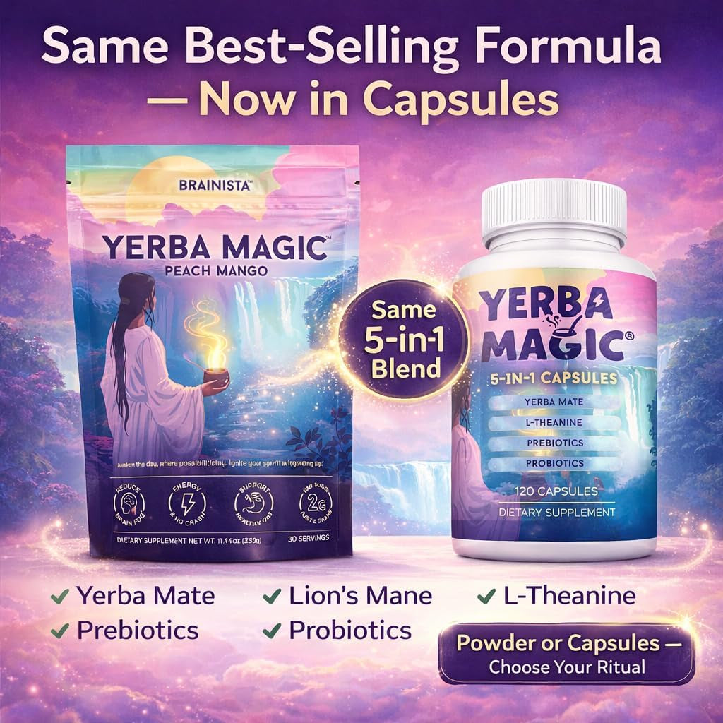 Brainista Yerba Magic 5-In-1 Capsules – Yerba Mate Energy + Lion’S Mane, L-Theanine, Prebiotics & Probiotics - Calm Focus, Gut Support & Clean Energy - 100Mg Natural Caffeine | 30 Servings