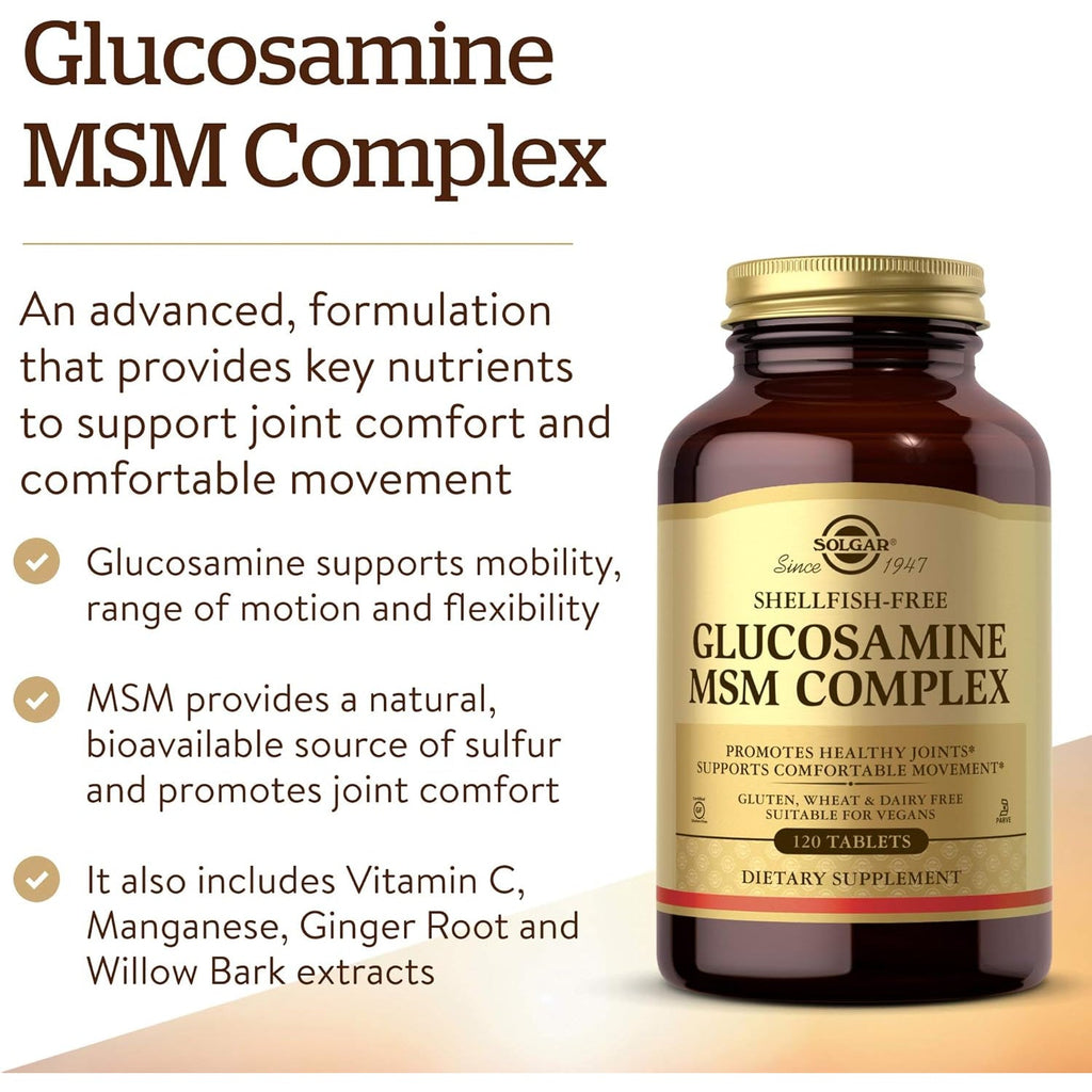 Solgar Glucosamine MSM Complex, 120 Tablets - Promotes Healthy Joints - Supports Range of Motion & Flexibility - Supports Collagen - Shellfish-Free - Gluten Free, Dairy Free, Kosher - 40 Servings