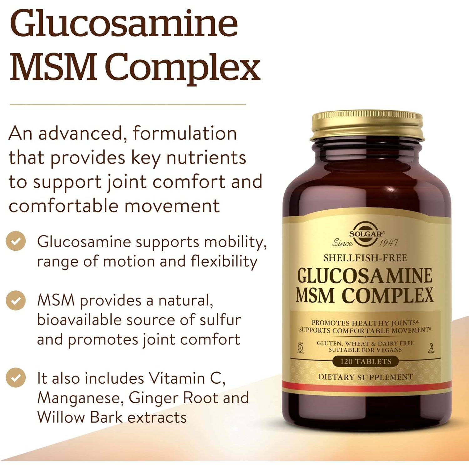 Solgar Glucosamine MSM Complex, 120 Tablets - Promotes Healthy Joints - Supports Range of Motion & Flexibility - Supports Collagen - Shellfish-Free - Gluten Free, Dairy Free, Kosher - 40 Servings