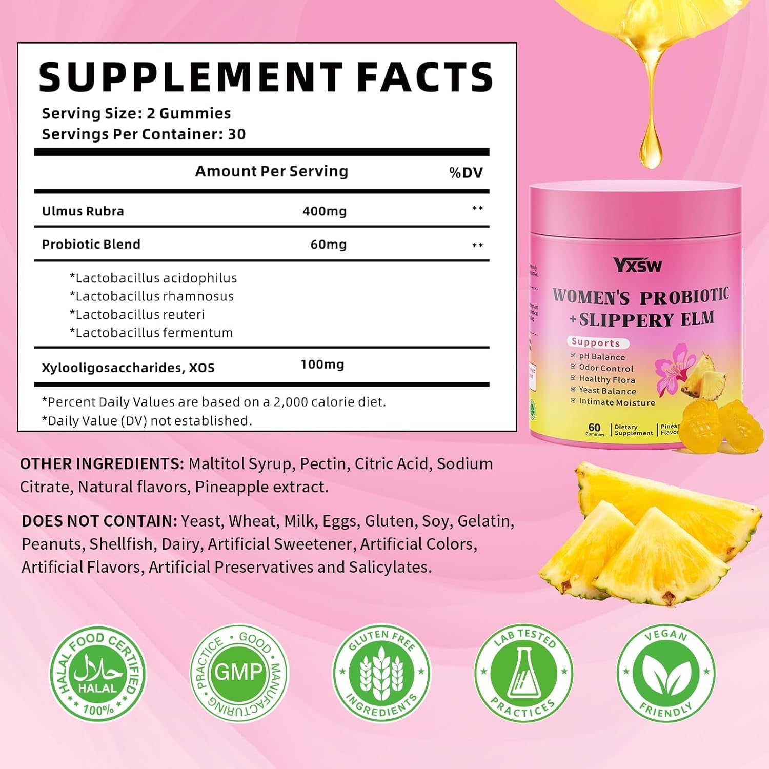 Women'S Probiotics Slippery Elm Gummies, Sugar-Free Feminine Probiotics Gummies Support Ph Balance, Gut Health & Immune System, Pineapple Flavor, 60 Count