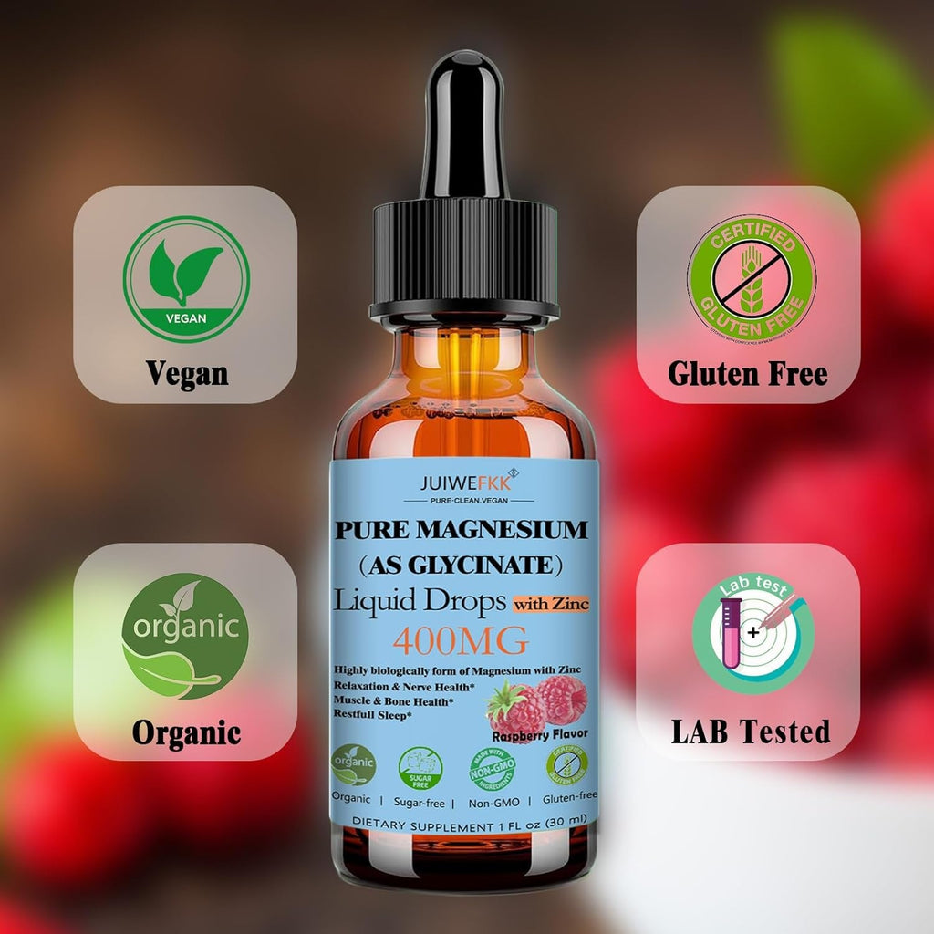Pure Magnesium Glycinate 400Mg Liquid Drops, High Absorption Chelated Calm Magnesium with Zinc for Sleep Relaxation Muscle Bone Nerve & Brain Health, Non GMO, Vegan for Women Men & Kids
