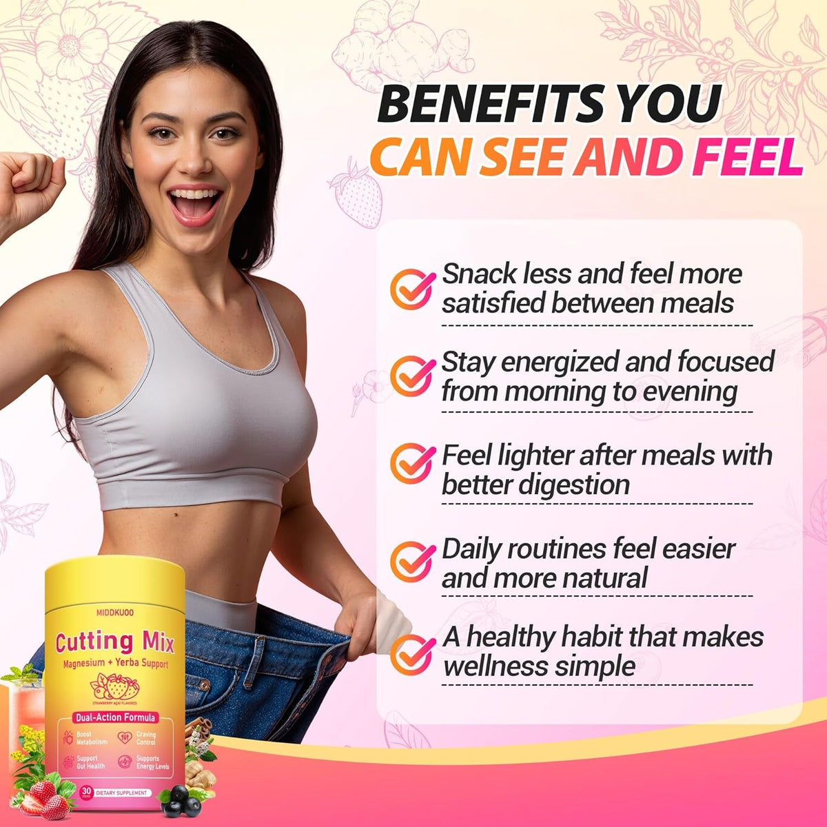 Cutting Drink Mix – Dual-Action Satiety Signaling, Energy & Digestive Health with Berberine, Chromium, FOS, Yerba Mate & 5-HTP | Vegan, Sugar-Free, Non-Gmo - 30 Sticks