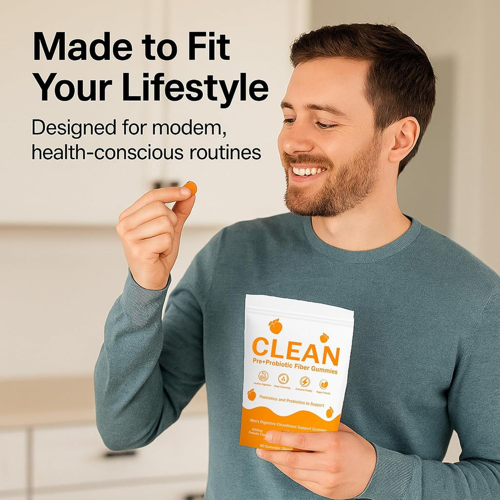 Clean Prebiotic Fiber Gummies for Men - Peach Flavor, Pre+Probiotic Fiber Gummies, Gut Balance, Digestive Support & Daily Clean Confidence, Cleaning Support Gummy 60Gummies