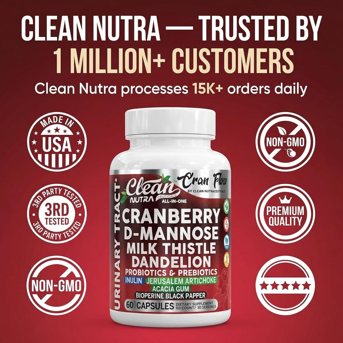 Cran Flow Cranberry Pills for Urinary Health D-Mannose Milk Thistle Dandelion Inulin Vitamin C Prebiotics and Probiotics Bladder Support by Clean Nutra