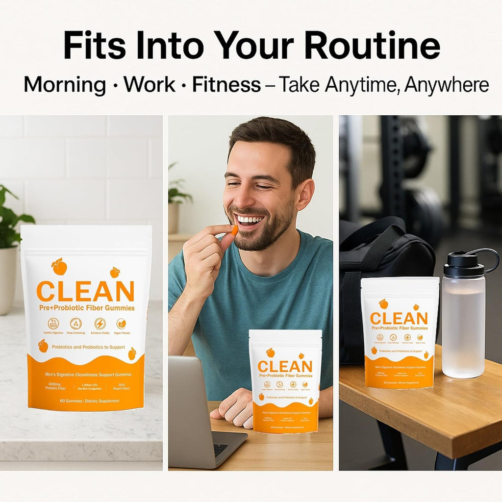 Clean Prebiotic Fiber Gummies for Men - Peach Flavor, Pre+Probiotic Fiber Gummies, Gut Balance, Digestive Support & Daily Clean Confidence, Cleaning Support Gummy 60Gummies