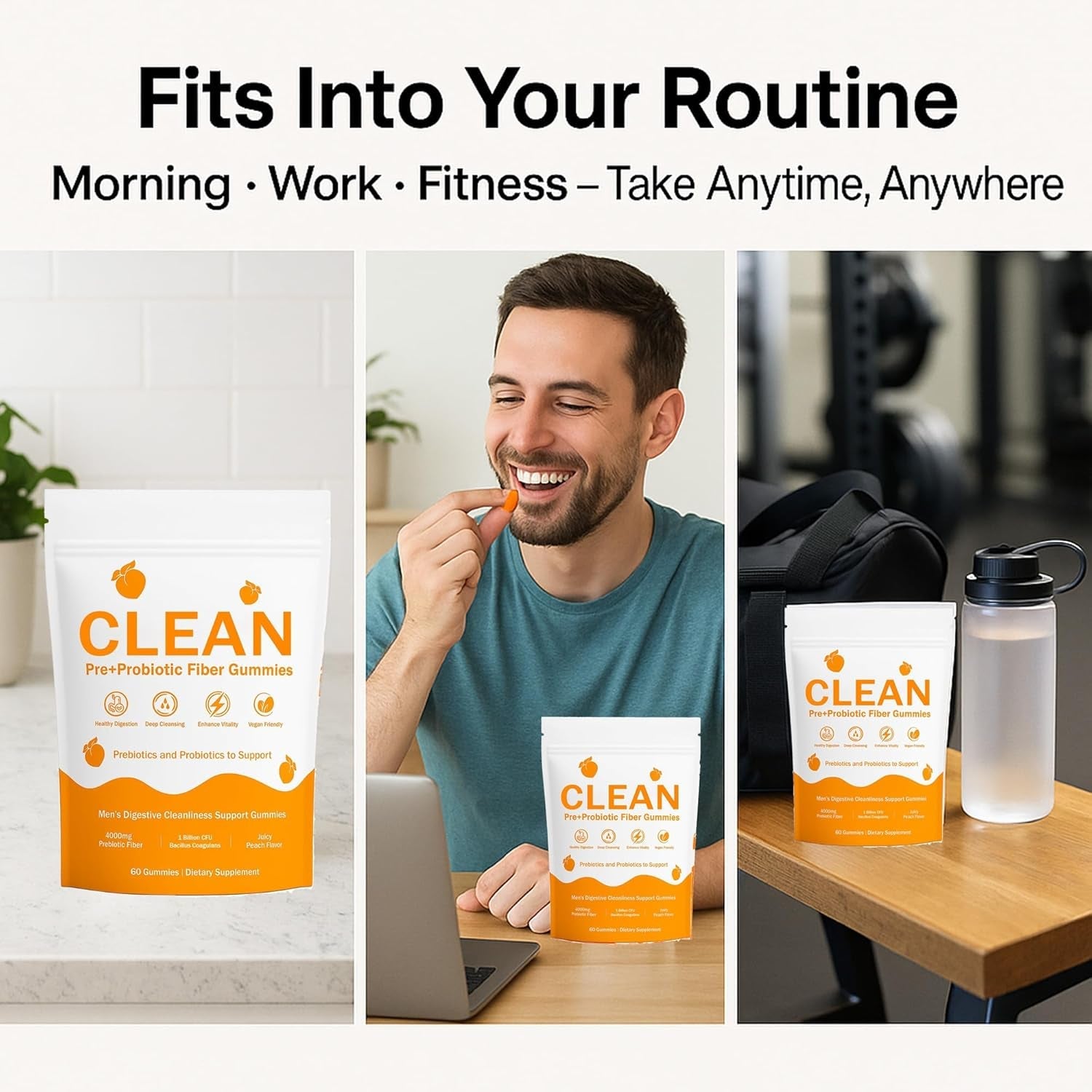 Clean Prebiotic Fiber Gummies for Men - Peach Flavor, Pre+Probiotic Fiber Gummies, Gut Balance, Digestive Support & Daily Clean Confidence, Cleaning Support Gummy 60Gummies