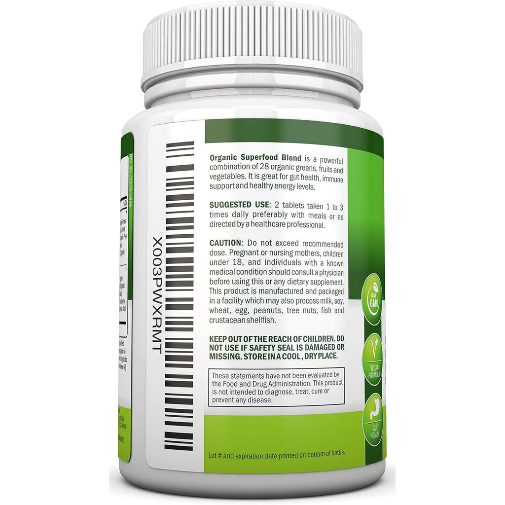 Organic Super Greens Capsules - Fruit and Vegetable Supplements - 120 Count - 28 USDA Organic & Vegan Premium Ingredients - Superfood Blend for Immune Health, Digestion & Energy - Whole Food Vitamins