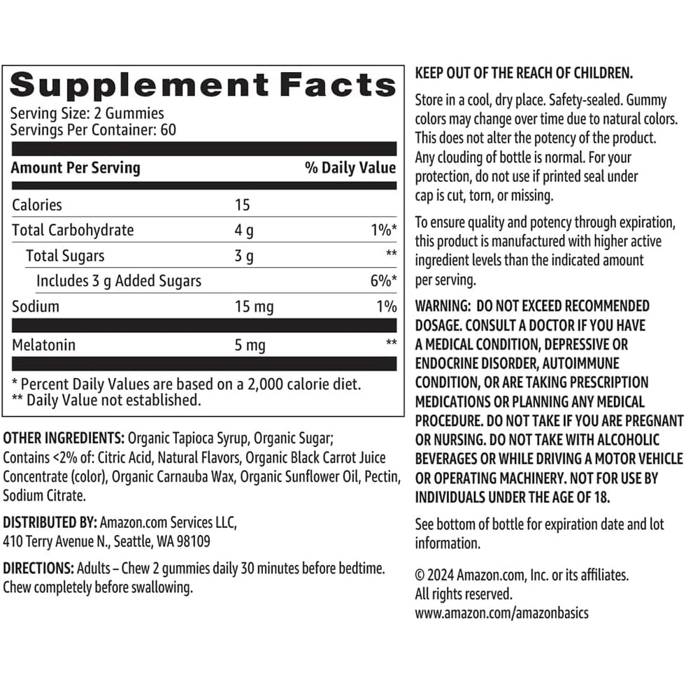 Amazon Basics Melatonin, Sleep Support Gummies, Strawberry Flavor, 5Mg, 120 Count (Previously Solimo)