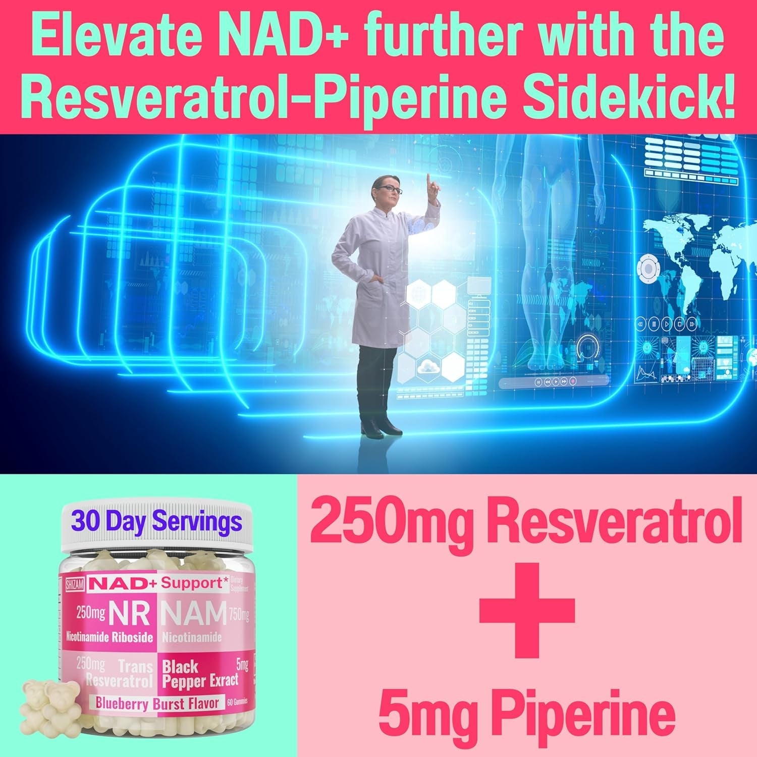 SHIZAM Nicotinamide Riboside NR NAM Resveratrol Gummies, 1000Mg NAD+ NAD + plus Nrf2 Activator Booster W Pure Niacinamide Vitamins B3 Capsules Pills Powder Supplements Alt NDA Regenerator 500Mg