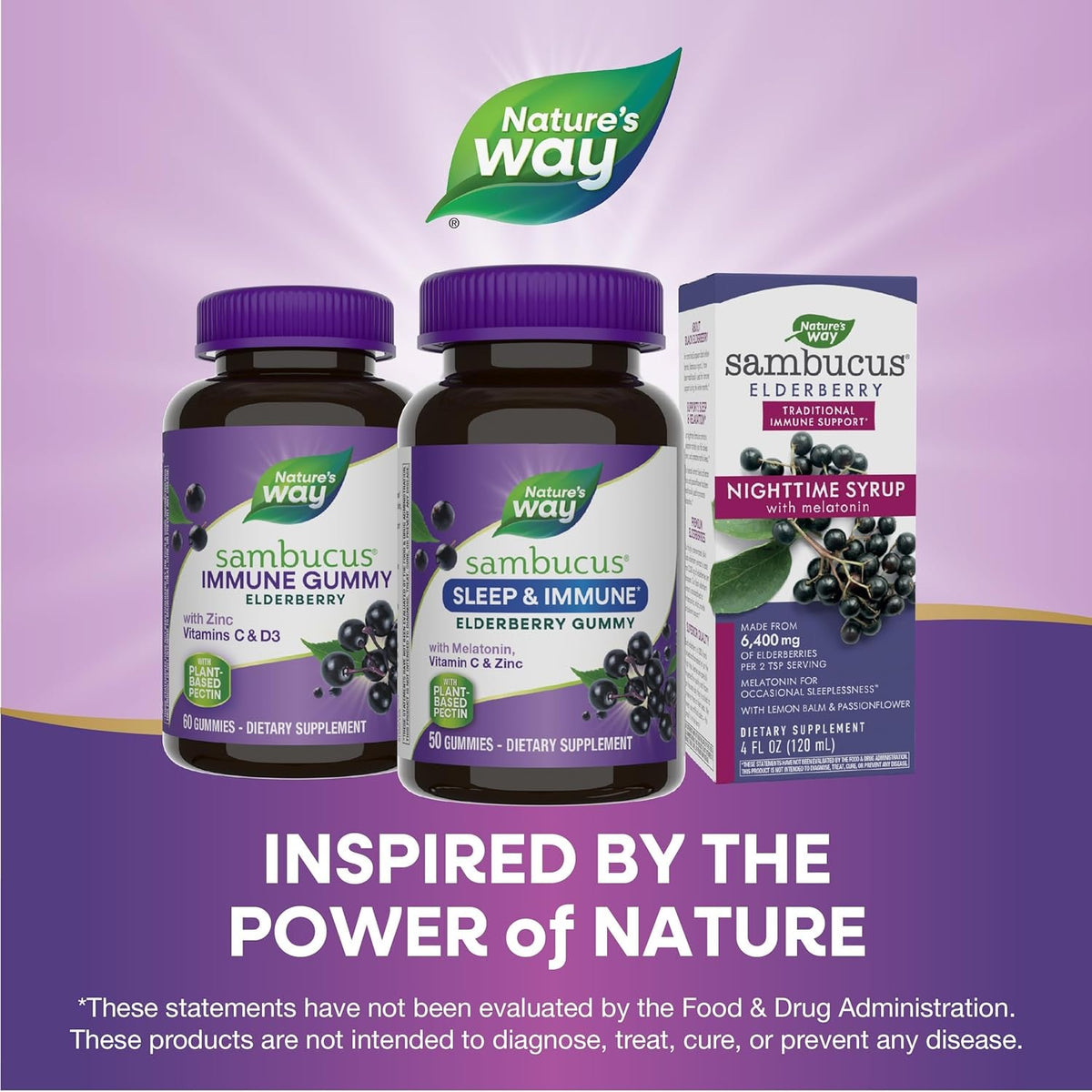 Nature'S Way Sambucus Sleep + Immune* Elderberry Gummies, Sleep Support for Adults and Immune Support*, with Melatonin, Vitamin C, L-Theanine, Zinc, 50 Gummies (Packaging May Vary)
