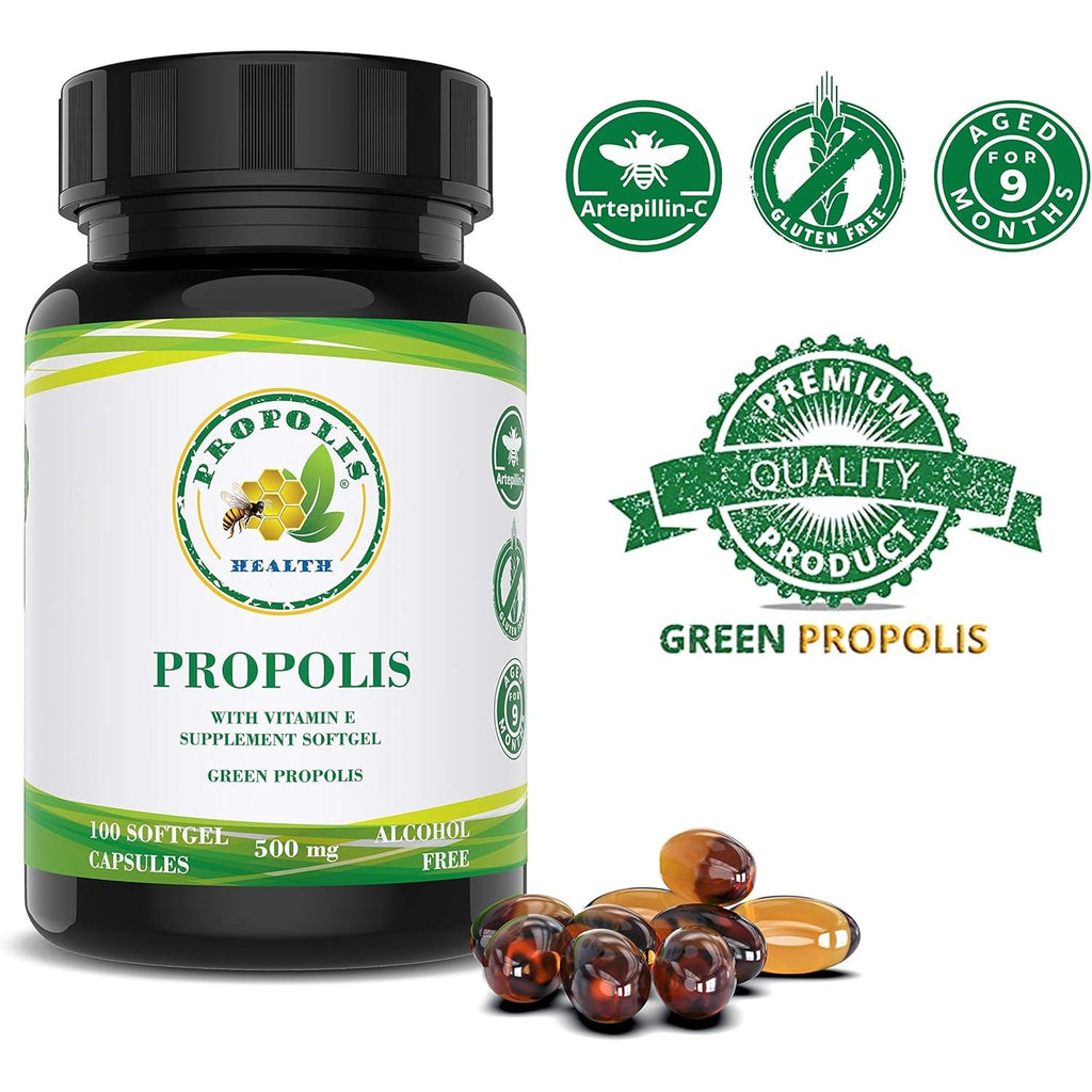 Propolis Health Propolis Capsules 1000Mg-Daily with Vitamin E per Dose - Pure Brazilian Green Propolis Extract - Immune Booster 50 Days Supply -100 Capsules