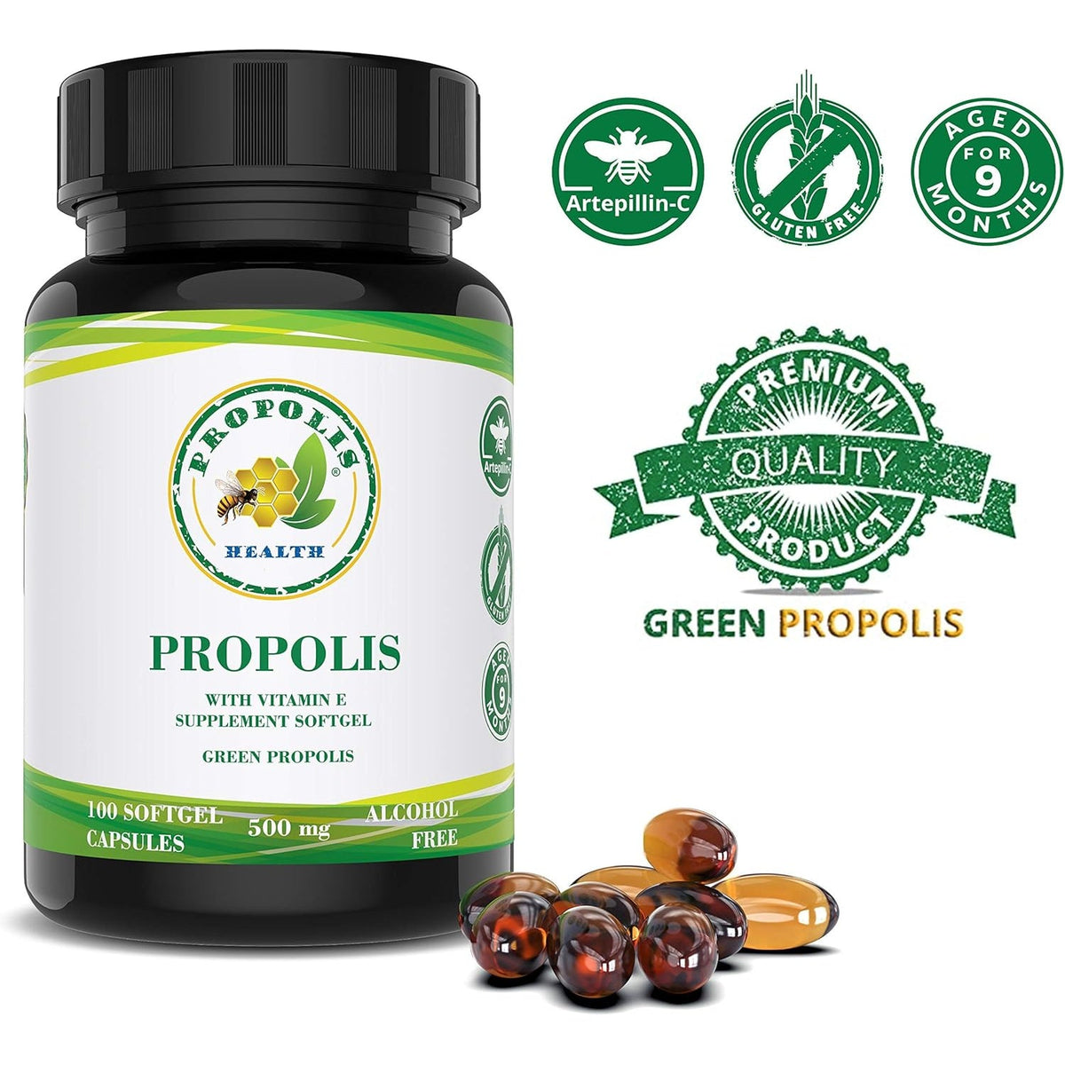 Propolis Health Propolis Capsules 1000Mg-Daily with Vitamin E per Dose - Pure Brazilian Green Propolis Extract - Immune Booster 50 Days Supply -100 Capsules