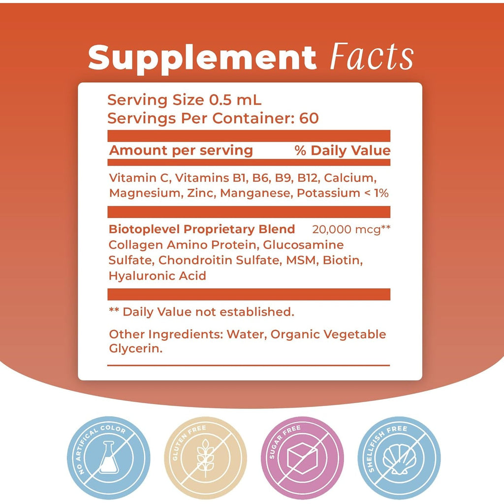 Liquid Glucosamine, Chondroitin, MSM, Biotin, Hyaluronic Acid, All in One Formula for Good Health of Joints, Bones, Hair, Skin & Nails