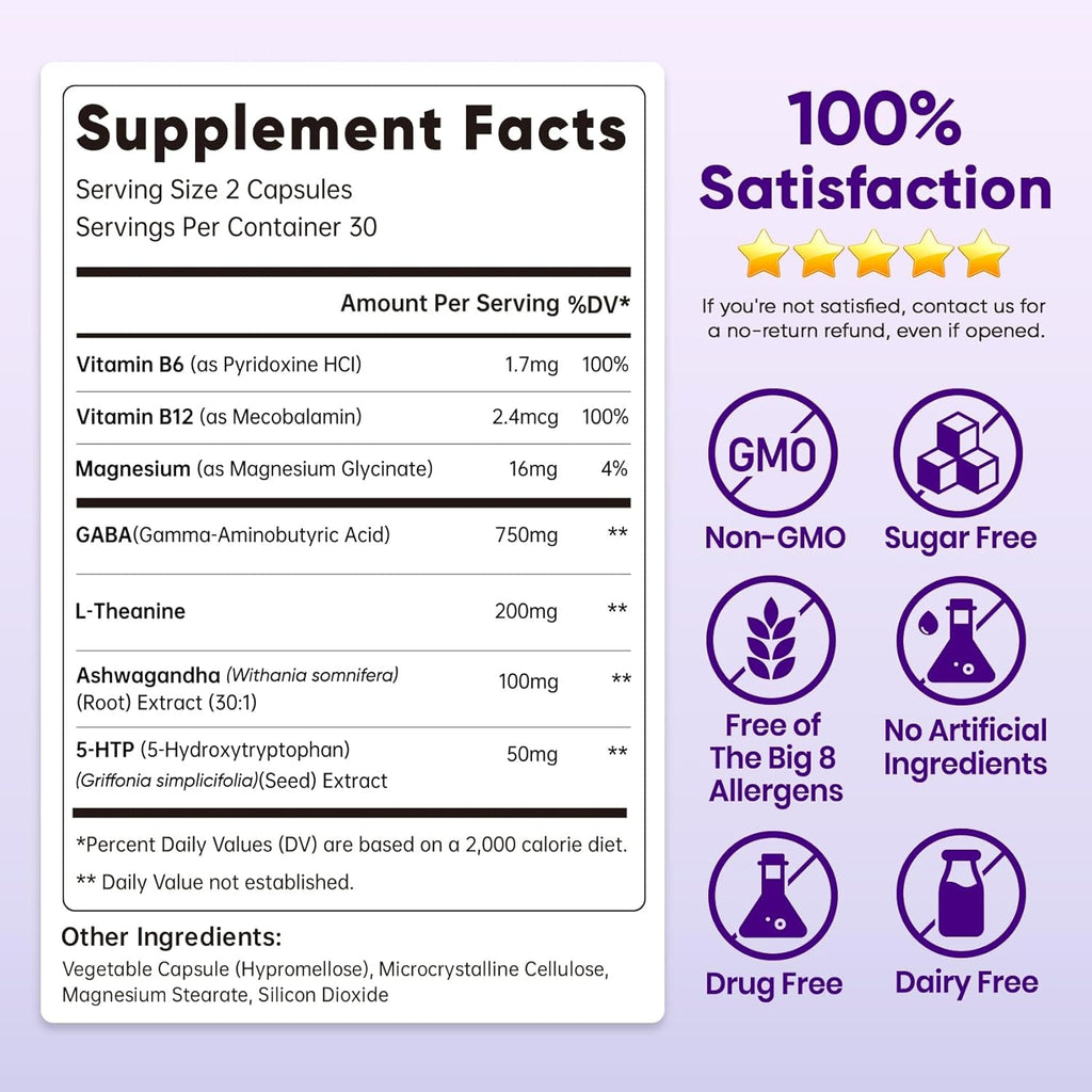 GABA L-Theanine Ashwagandha - 1050Mg Blend - Made in USA - Advanced Sleep Aid & Calm- Magnesium, 5-HTP, Vitamin B6 & B12, GABA (Gamma Aminobutyric Acid) Supplement - Melatonin-Free & Non-Habit Forming