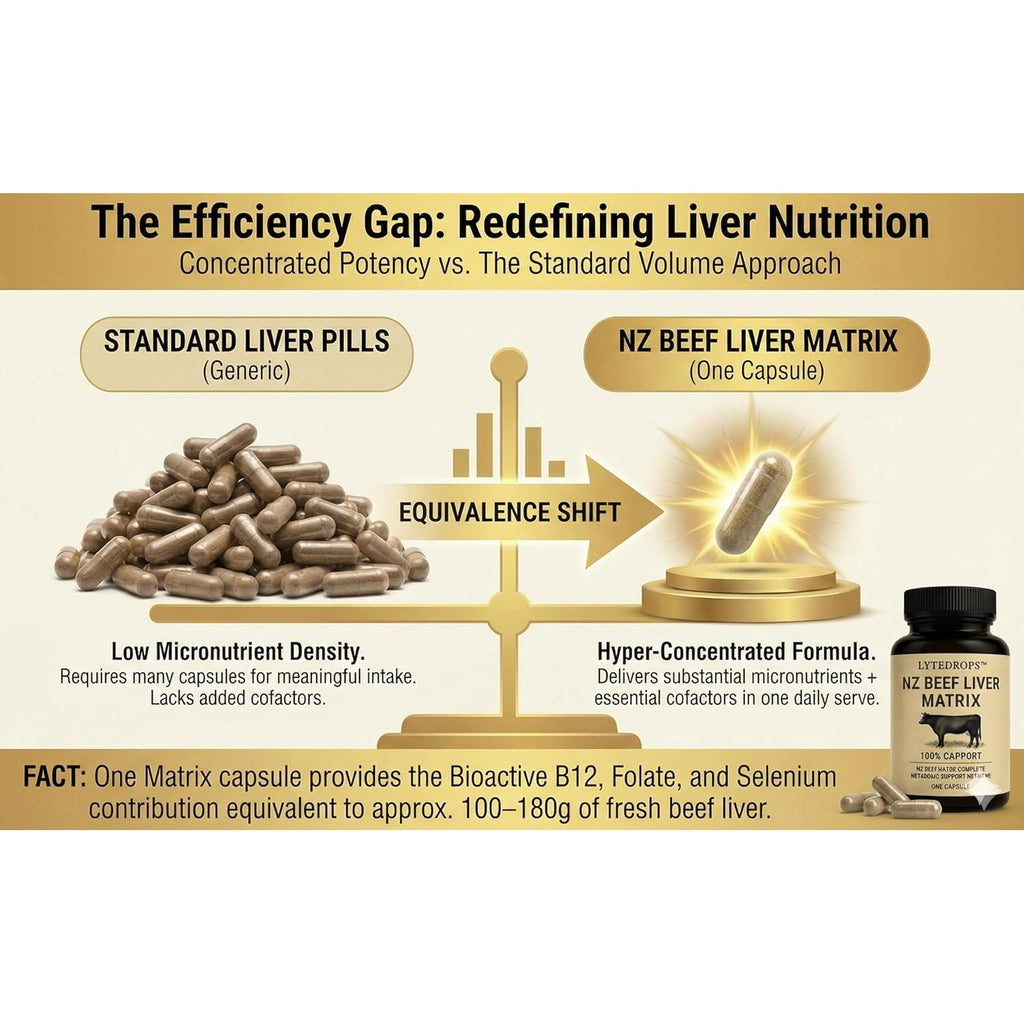 NZ Grass Fed Beef Liver Capsules + Nutrient Matrix | 4 Month Supply (1 Cap Dose) Desiccated Freeze-Dried Liver | 120 Caps | Bio Available B12, and Amplified Ingredients