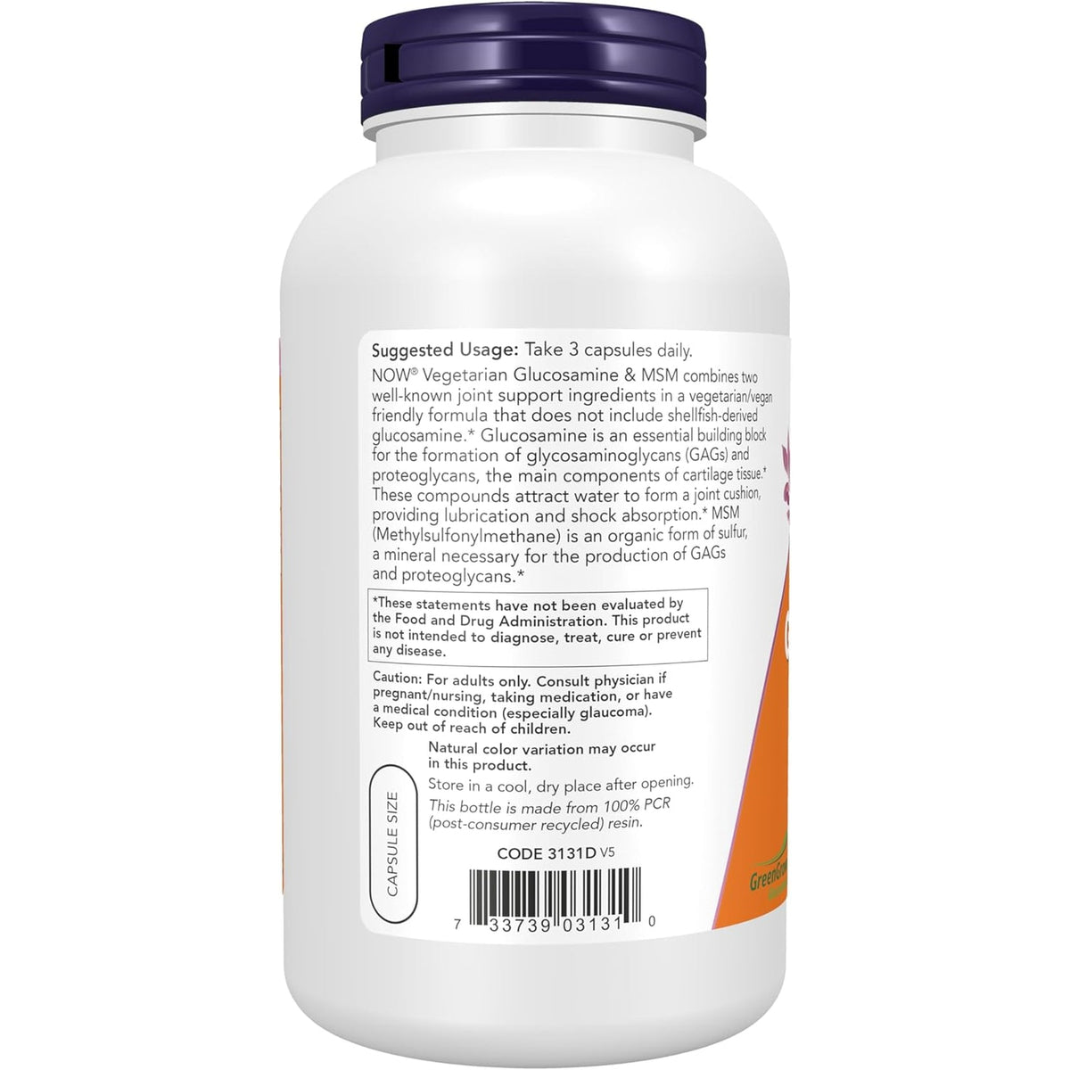 NOW Foods Supplements, Glucosamine & MSM (Greengrown® Glucosamine), Vegetarian, 240 Veg Capsules