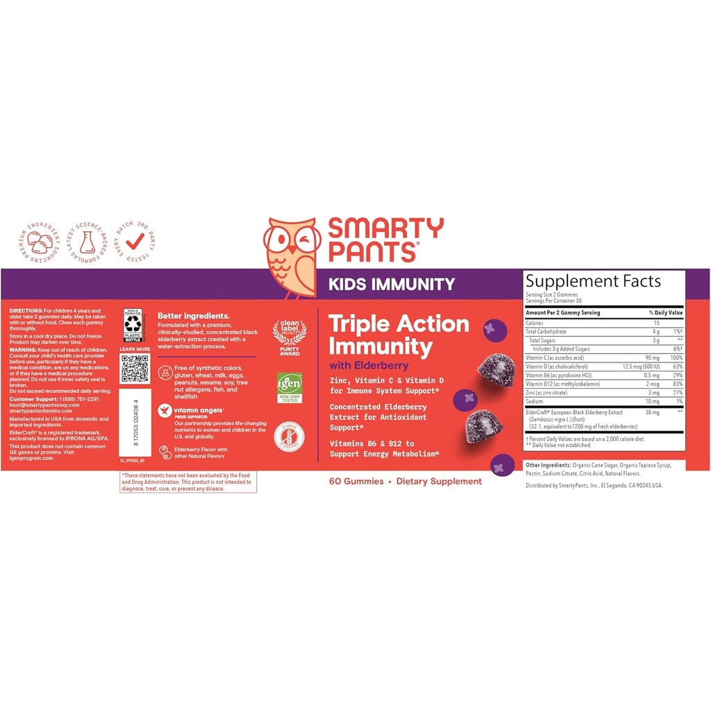 Smartypants Kids Immunity Elderberry Gummies: Kids Immune Support Supplement, Vitamin C, Vitamin D, Vitamins B6 & B12 and Zinc, Gluten Free, Elderberry Flavor, 60 Count (30 Day Supply)