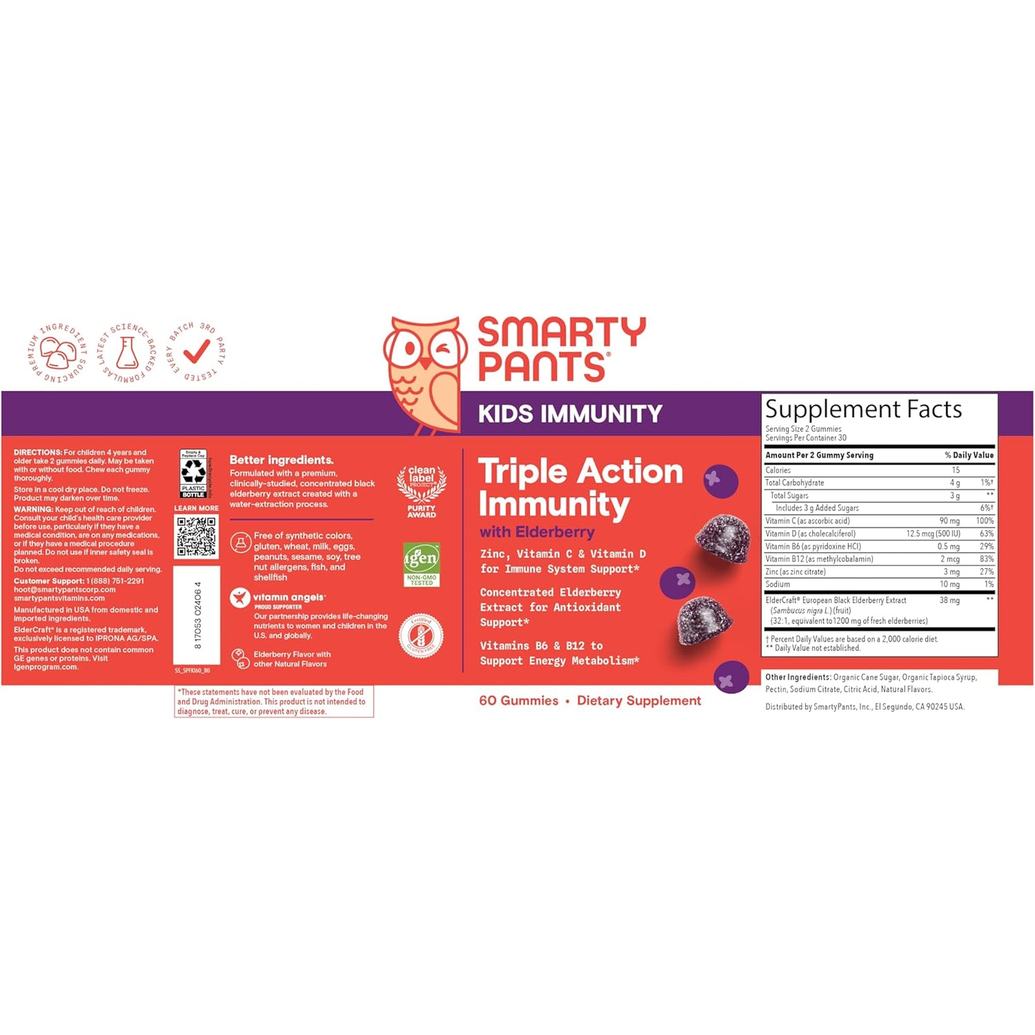 Smartypants Kids Immunity Elderberry Gummies: Kids Immune Support Supplement, Vitamin C, Vitamin D, Vitamins B6 & B12 and Zinc, Gluten Free, Elderberry Flavor, 60 Count (30 Day Supply)