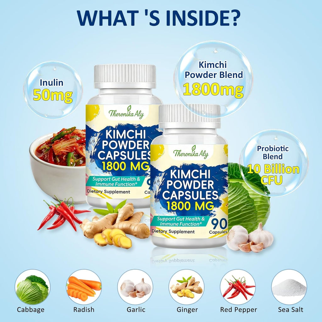 Kimchi Probiotic Capsules, Fermented Kimchi Powder with 10 Billion CFU Probiotics & Prebiotic Inulin, Gut Health & Digestive Support, Fermented Vegetable Superfood Supplement, 90 Vegan Capsules