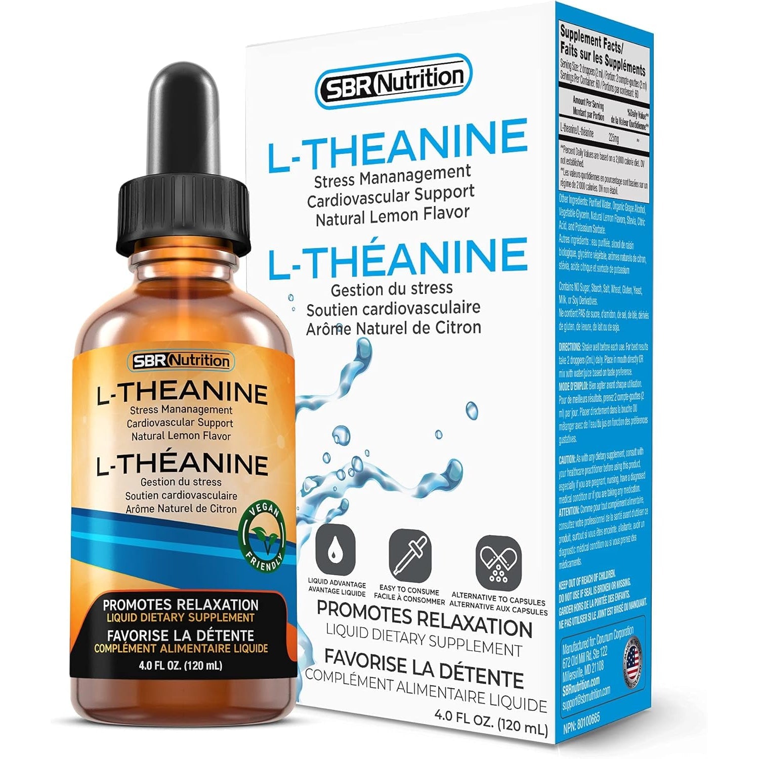SBR Nutrition Liquid L-Theanine Drops | All Natural, Vegan, Alcohol Free, Non-Gmo | for Sleep Aid, Calm, Relaxation, Focus without Drowsiness | Synergistic with Coffee or Caffeine