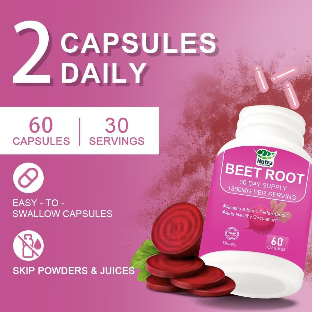 Beet Root Capsules Organic - 1300Mg Beetroot Powder Capsules for Natural Energy - 60 Vegan Beetroot Supplement Supports Blood Pressure, Athletic Performance, Digestive, Immune System (Beetroot)