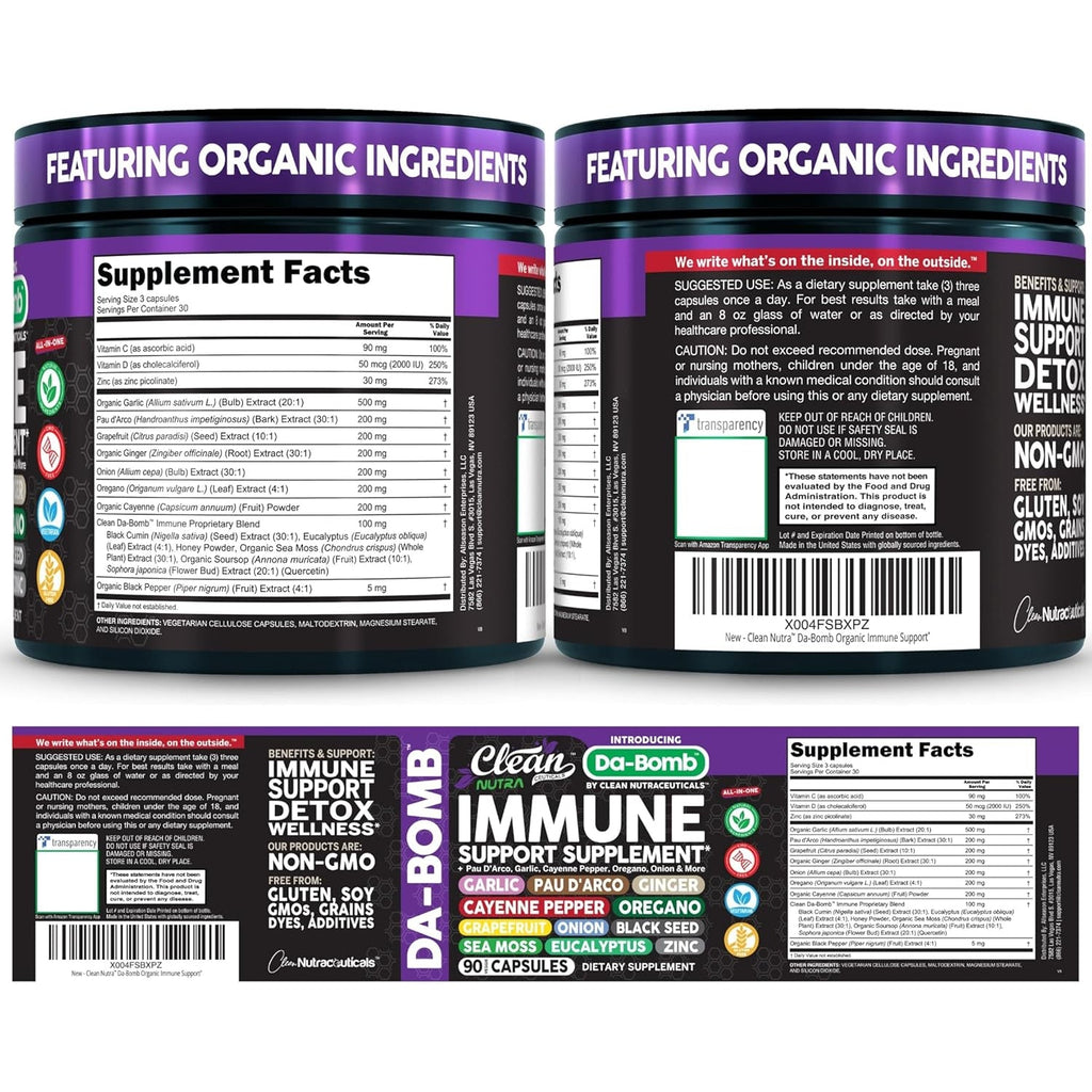 Organic Immune Support with PAU D'Arco Garlic Cayenne Pepper Oregano Ginger Grapefruit Onion Black Seed Sea Moss Black Pepper Zinc Eucalyptus Vitamin C Vitamin D Organic Soursop by Clean Nutra