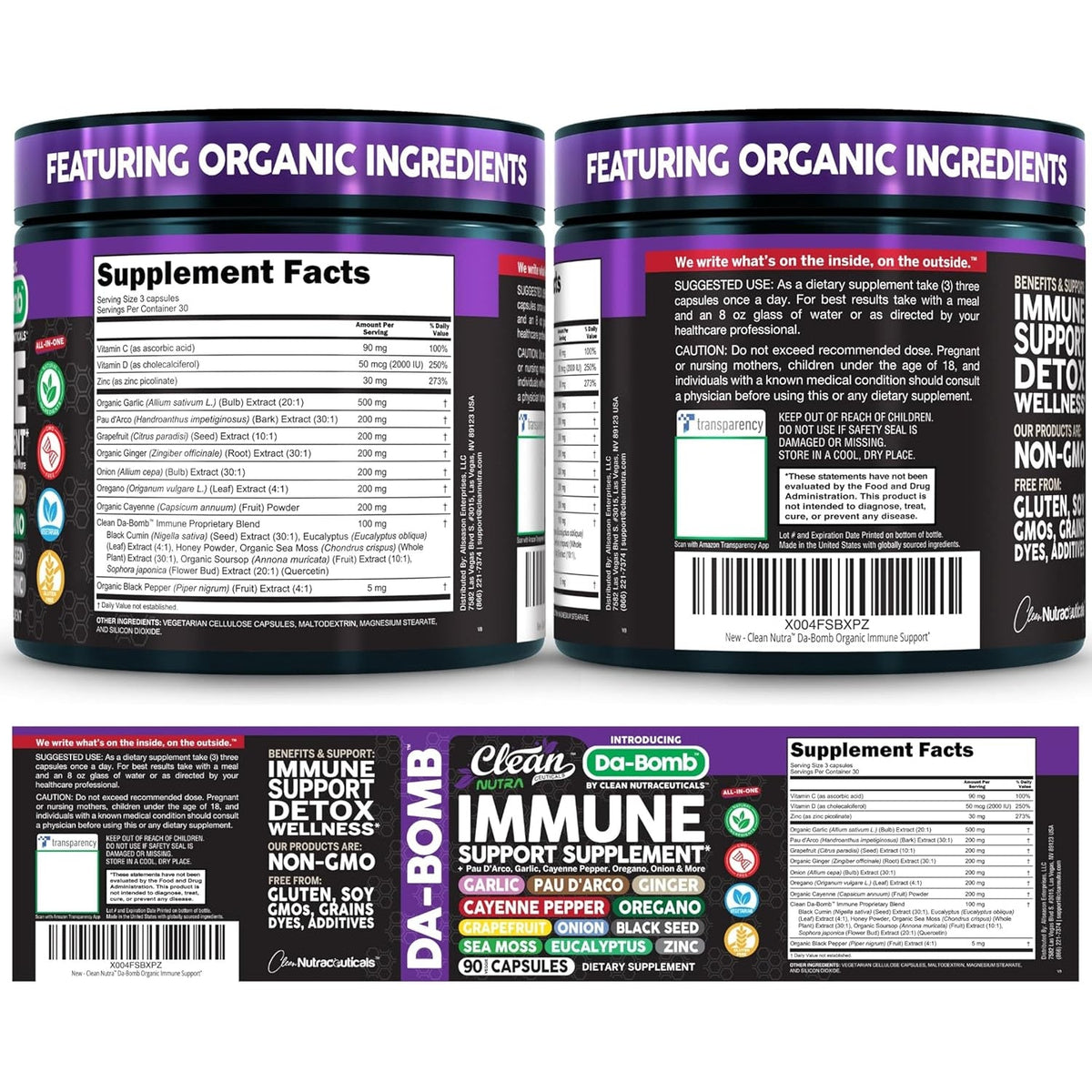 Organic Immune Support with PAU D'Arco Garlic Cayenne Pepper Oregano Ginger Grapefruit Onion Black Seed Sea Moss Black Pepper Zinc Eucalyptus Vitamin C Vitamin D Organic Soursop by Clean Nutra