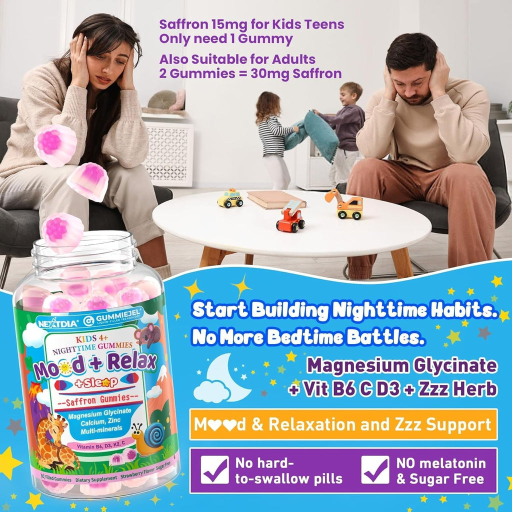 Kids 4+ Magnesium + Saffron Sleep Gummies, Relax Happy Filled Gummy, Bedtime Calcium Zinc, Mineral + Multivitamin Gummies, Melatonin Free | Vitamin D3 K2 | Bone, Only Need 1 Gummy - Sweet Dream Magic