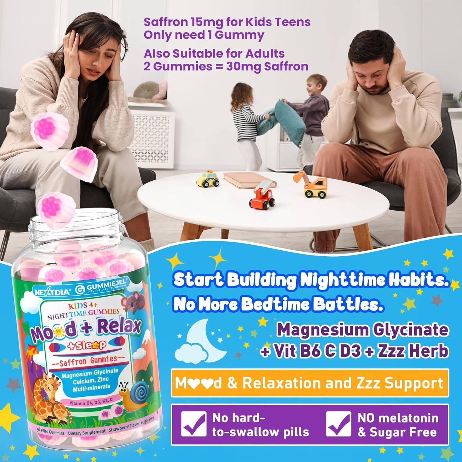 Kids 4+ Magnesium + Saffron Sleep Gummies, Relax Happy Filled Gummy, Bedtime Calcium Zinc, Mineral + Multivitamin Gummies, Melatonin Free | Vitamin D3 K2 | Bone, Only Need 1 Gummy - Sweet Dream Magic