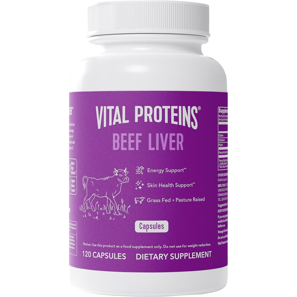 Vital Proteins Grass Fed Beef Liver Capsules, Desiccated Liver Supplement, 750Mg Liver Pills, 120 Count