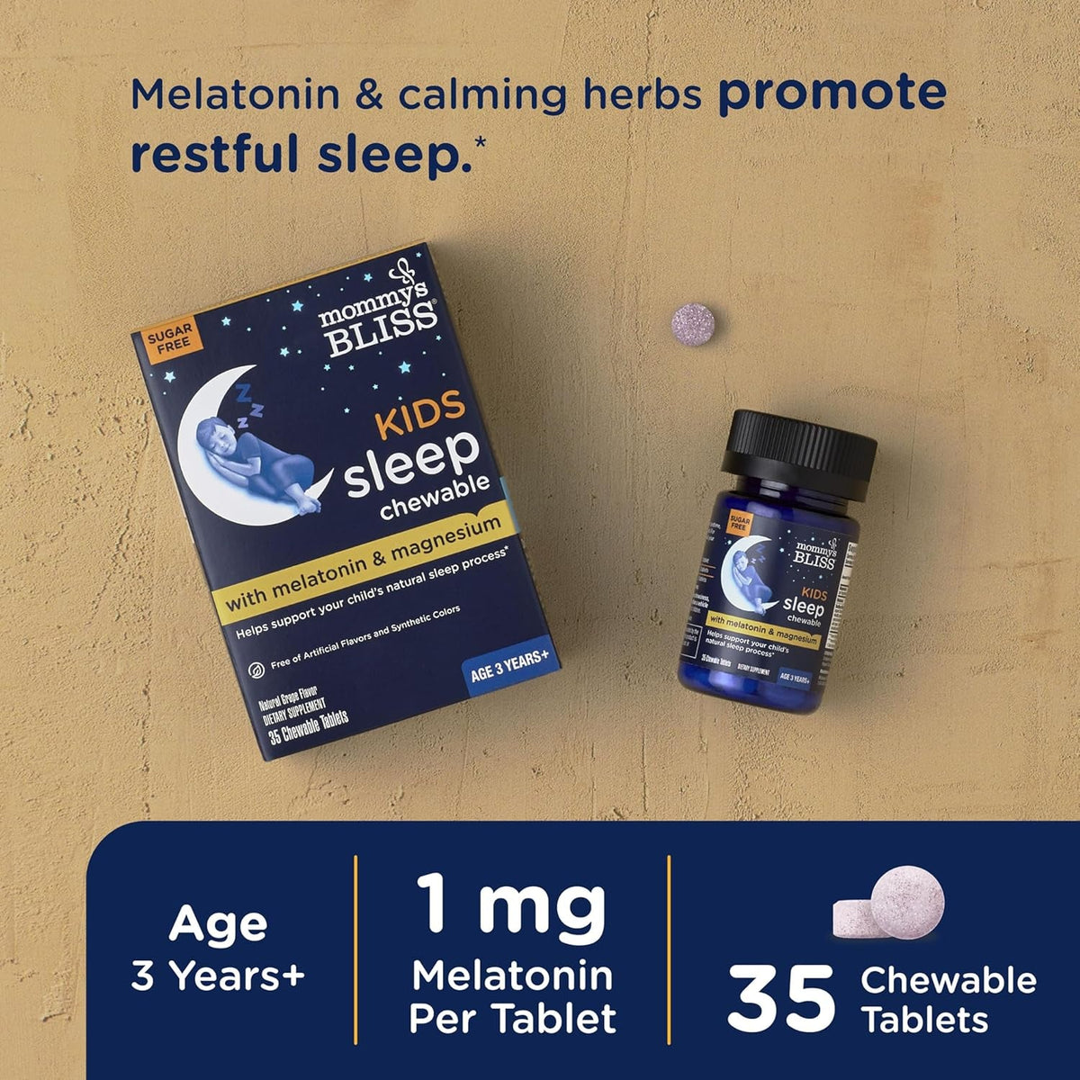 Mommy'S Bliss Kids Sleep Chewable Tablets, Melatonin, Magnesium & Calming Herbs, Grape Flavor, Sugar Free Kids Melatonin, Age 3+ (35 Servings), 35 Count (Pack of 1)