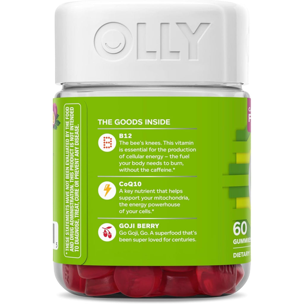OLLY Daily Energy Gummy, Caffeine Free, Vitamin B12, Coq10, Goji Berry, Adult Chewable Supplement, Tropical Flavor - 60 Count