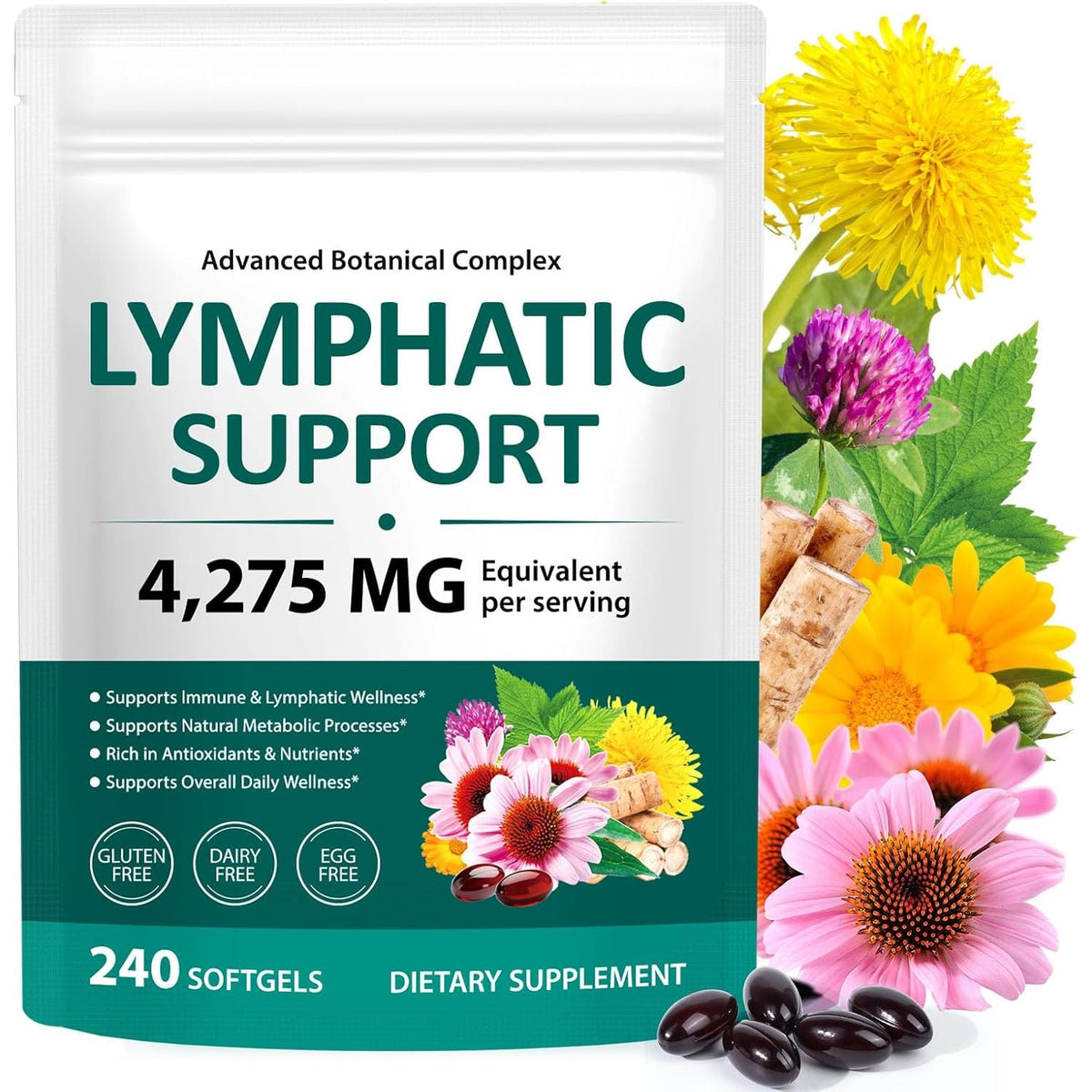 Lymphatic Drainage Supplements, 240 Softfels, 21-In-1 Natural Herbal Blends with Echinacea, Dandelion, Burdock Root for Lymph System, Immune Support, Cleanse, Less Swelling/Bloating