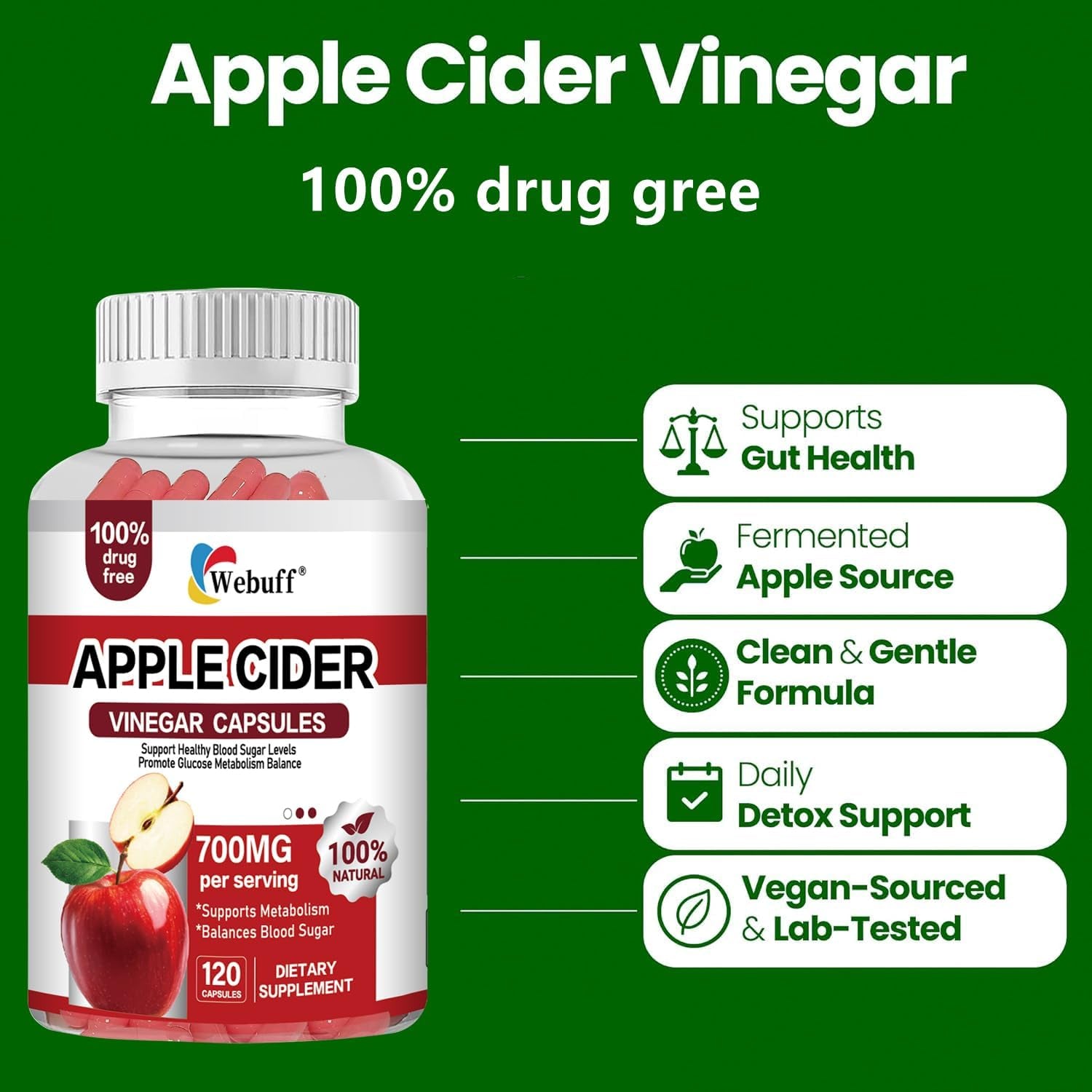 Apple Cider Vinegar Capsules 700Mg - 120 Count | Extra Strength ACV with the Mother | Supports Weight Management, Digestion, Metabolism & Immune | Vegan, Non-Gmo, Gluten-Free| Pack of 2
