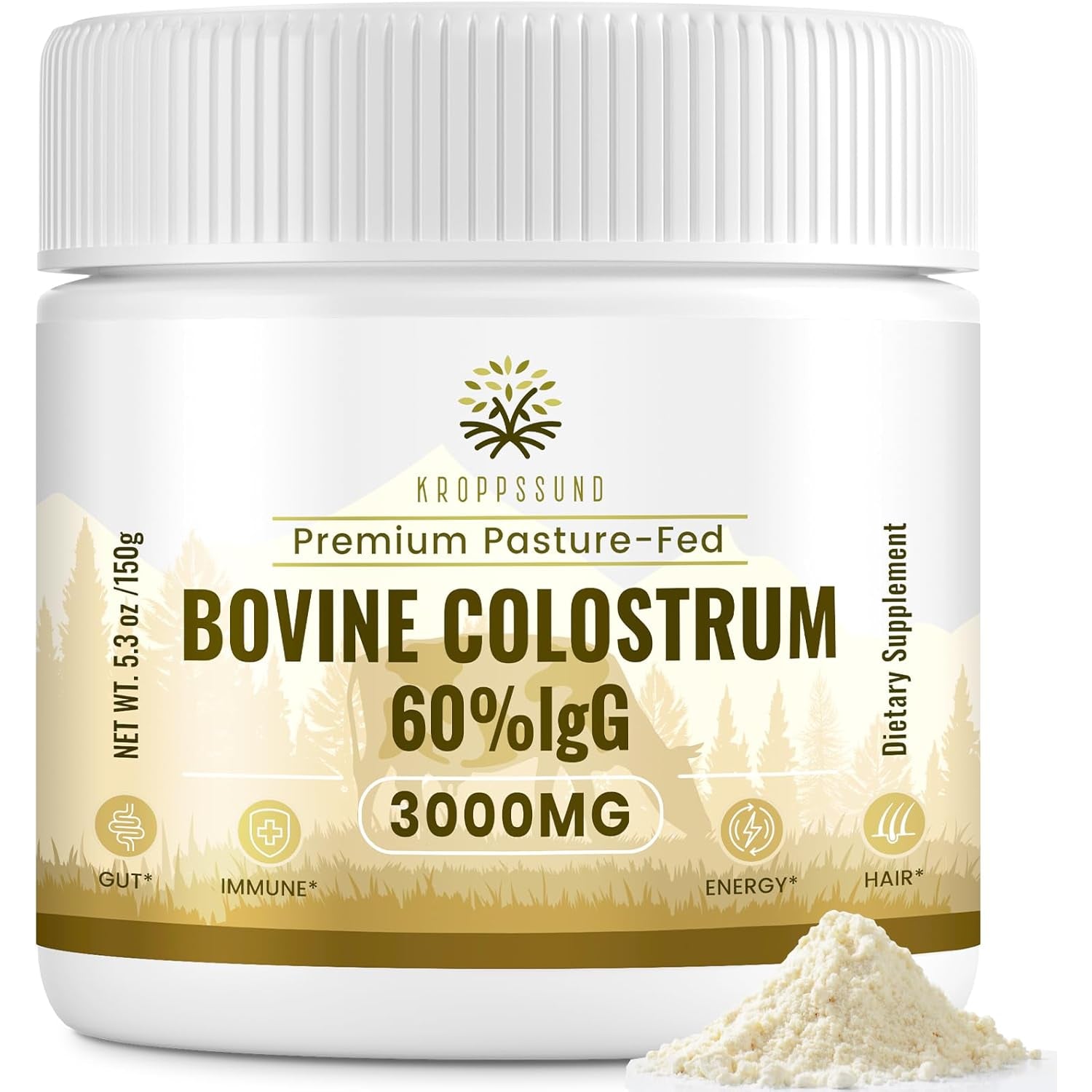Kroppssund Bovine Colostrum Powder Supplement 3000 Mg - Extra High 60% Igg Bovine Colostrum - Gut, Bone, Exercise, Immune - 50 Servings (1 Bottle)