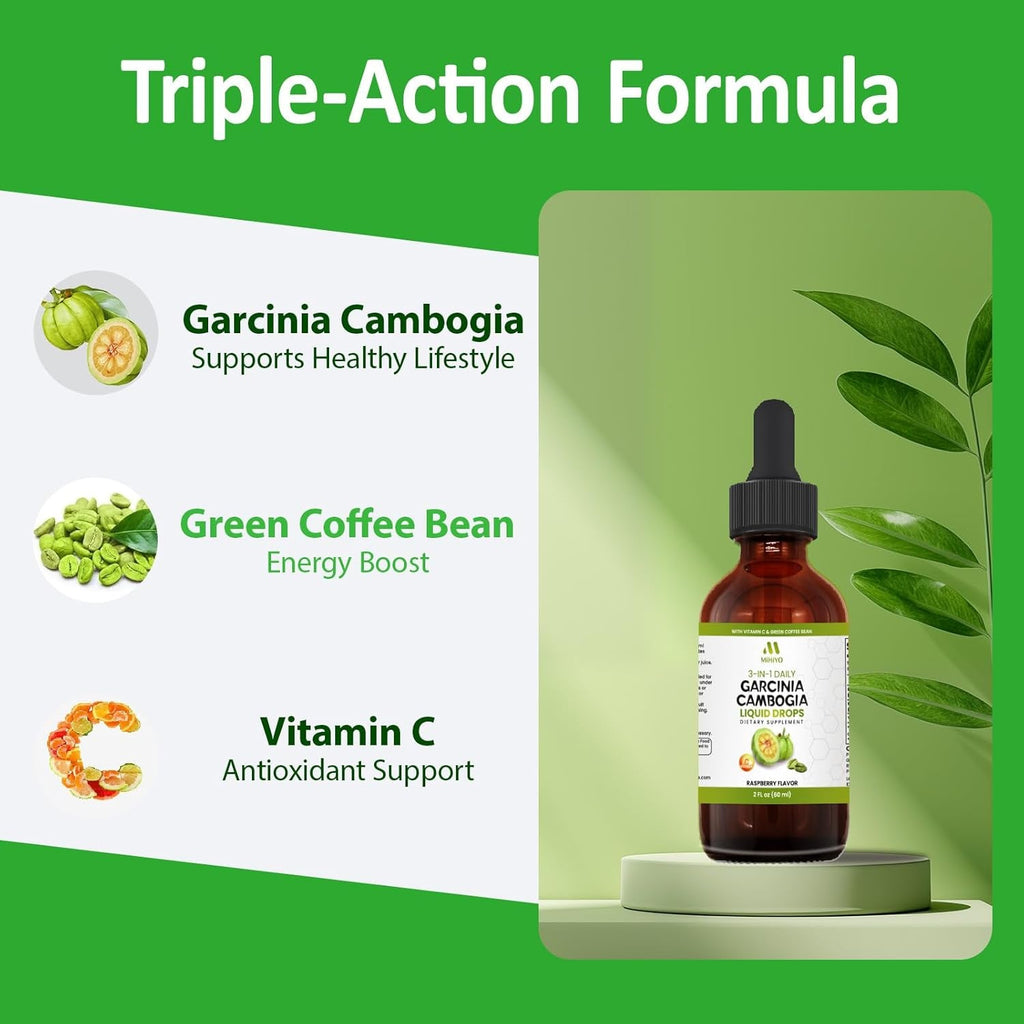 3-In-1 Garcinia Cambogia Liquid Drops - Natrual Extract with Green Coffee Bean & Vitamin C - Support Health and Wellness - Stronger than Pills & Capsules - Natural Raspberry Flavor - 2 Fl Oz (60 Ml)