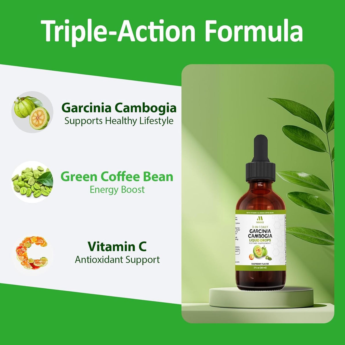 3-In-1 Garcinia Cambogia Liquid Drops - Natrual Extract with Green Coffee Bean & Vitamin C - Support Health and Wellness - Stronger than Pills & Capsules - Natural Raspberry Flavor - 2 Fl Oz (60 Ml)