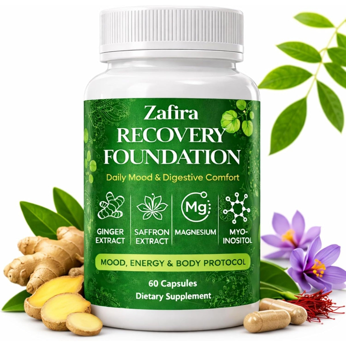Zafira Recovery Foundation Capsules – Mental Clarity, Hair & Mood Support, Natural Herbal Formula with Saffron Extract, Ginger Extract, L-Theanine, Myo-Inositol, Non-Gmo, 60 Capsules