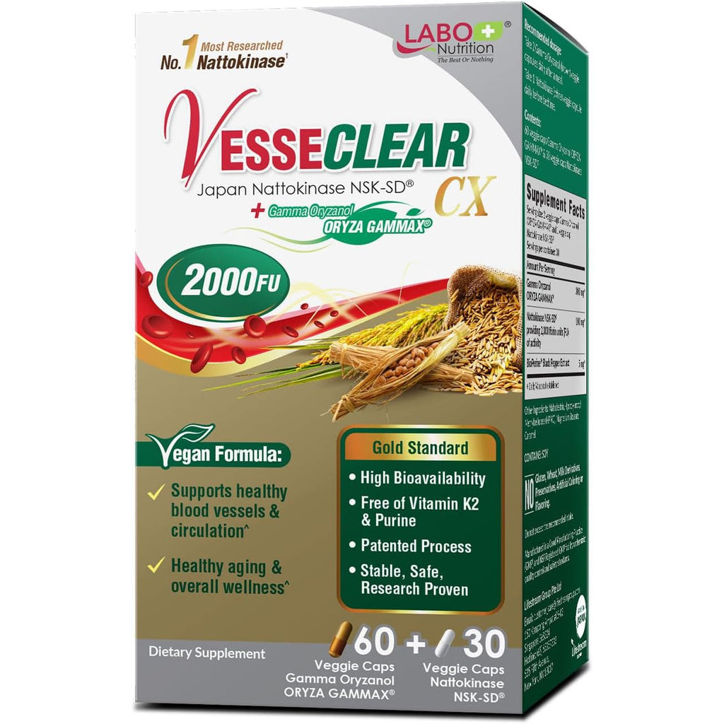 LABO Nutrition Vesseclear CX: Nattokinase NSK-SD + Gamma Oryzanol for Clean Blood Vessel & Healthy Ageing, Japan'S Most Clinically Studied, Support Healthy Cholesterol, Heart, Vegan, Acid-Resistant