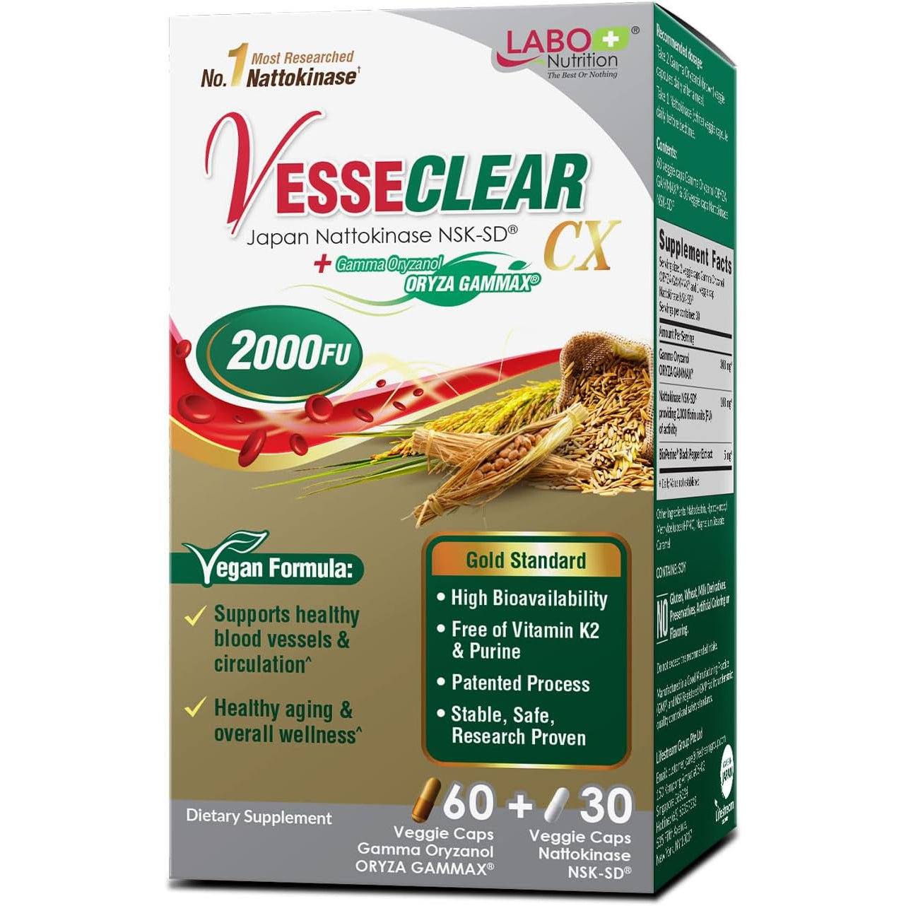 LABO Nutrition Vesseclear CX: Nattokinase NSK-SD + Gamma Oryzanol for Clean Blood Vessel & Healthy Ageing, Japan'S Most Clinically Studied, Support Healthy Cholesterol, Heart, Vegan, Acid-Resistant
