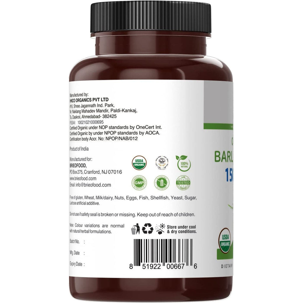 Brieofood Organic Barley Grass 1500Mg, 45 Servings, Vegetarian, Gluten Free, 90 Vegetarian Tablets