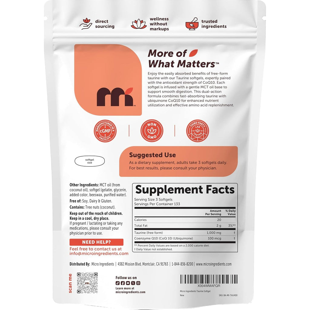 Micro Ingredients Taurine 1,000 Mg per Serving with Coq10 | Coenzyme Q10 Supplement with MCT Oil | 4+ Month Supply with 400 Softgels | Non-Gmo