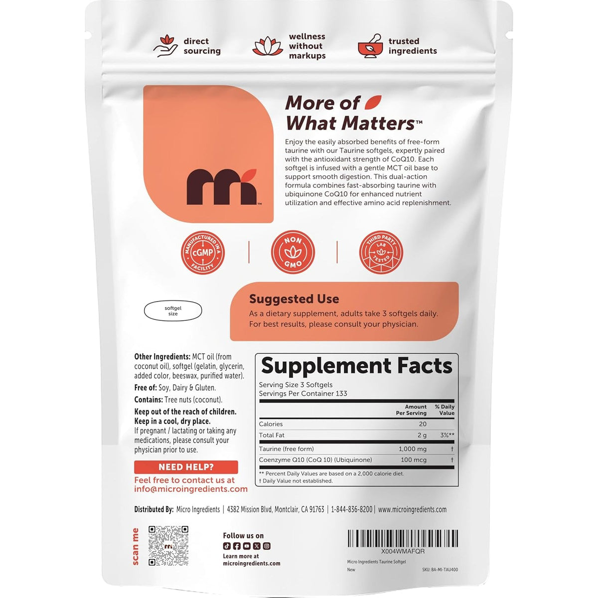 Micro Ingredients Taurine 1,000 Mg per Serving with Coq10 | Coenzyme Q10 Supplement with MCT Oil | 4+ Month Supply with 400 Softgels | Non-Gmo