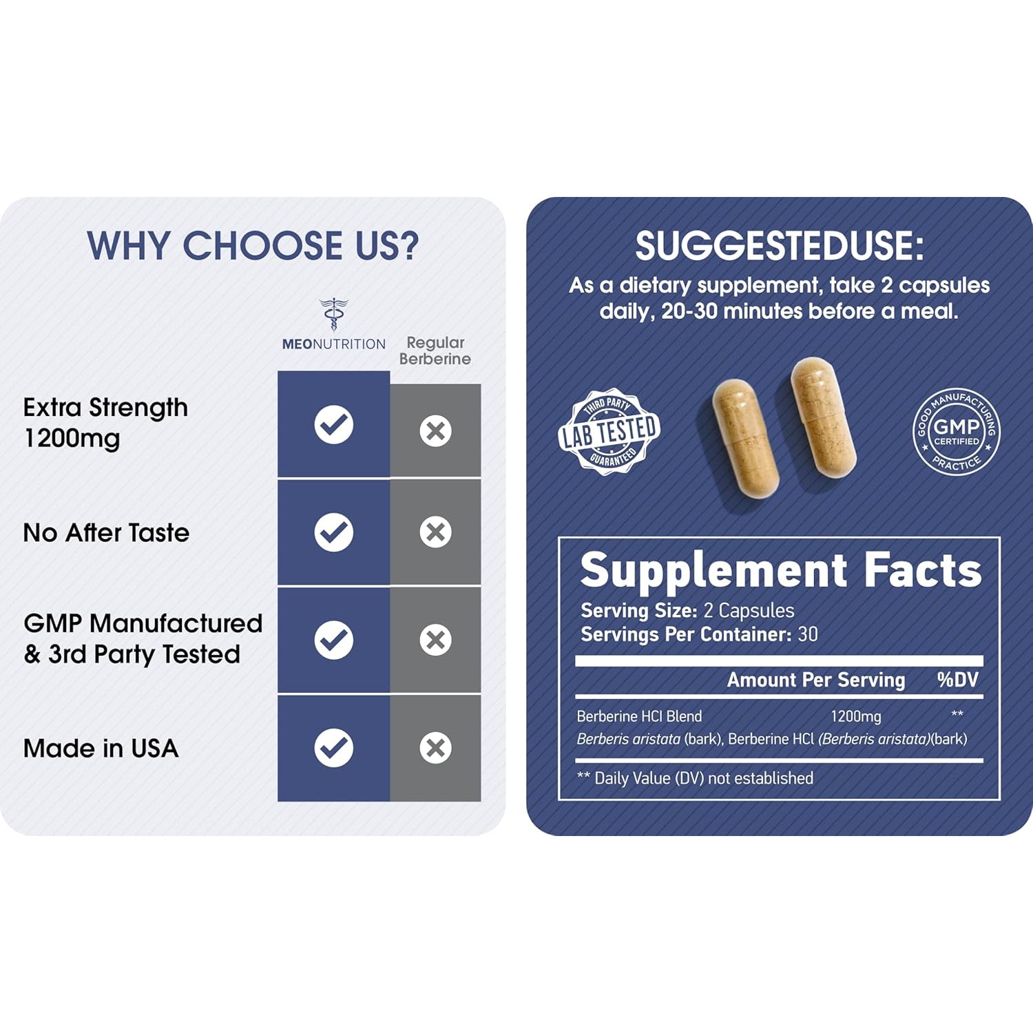Berberine Supplement 1200Mg HCI - 60 Capsules, 3Rd Party Lab Tested, Non-Gmo, GMP Certified - Supports Metabolic Health & Overall Wellness